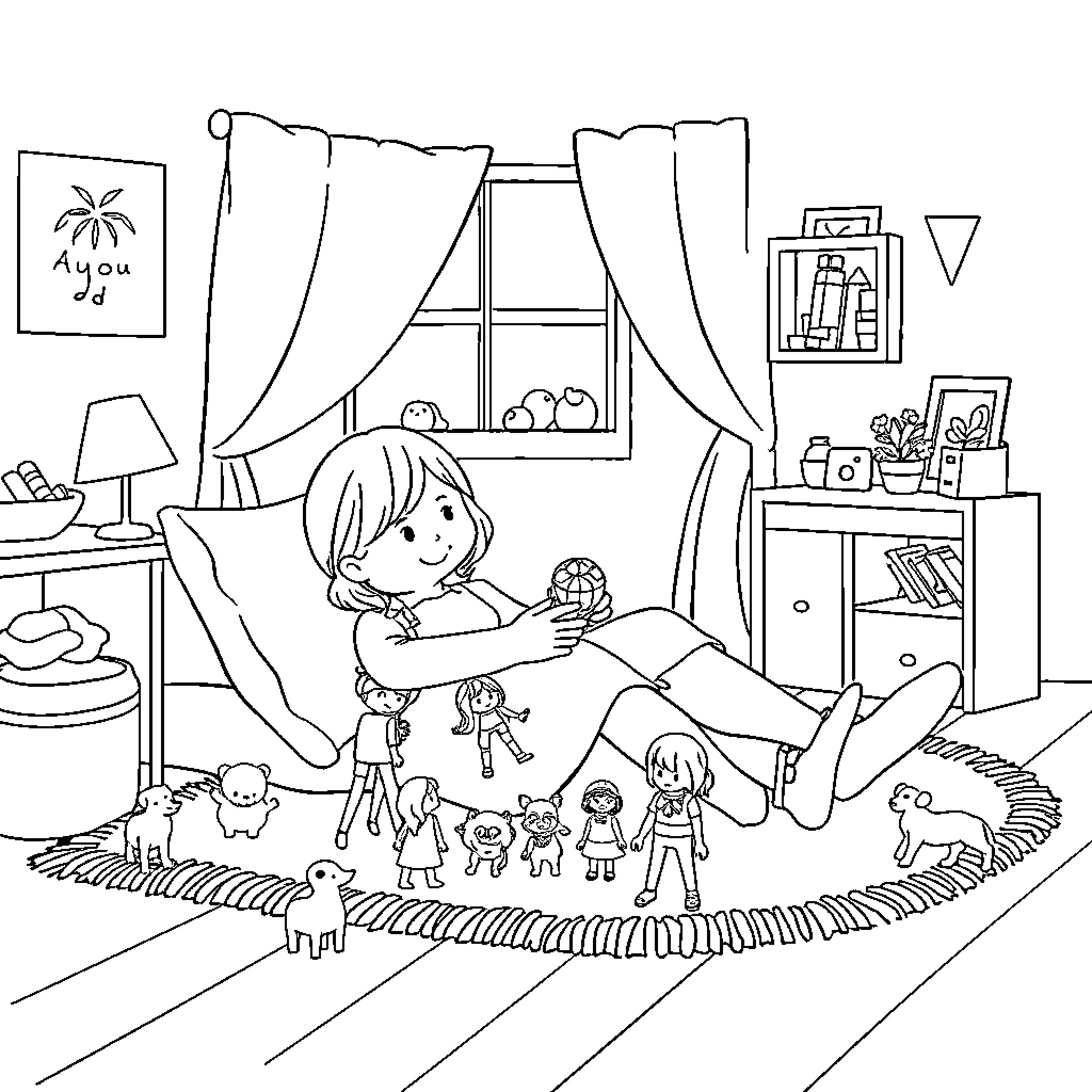 Girl reading storybook surrounded by toys and friends Coloring Page (free black-and-white line drawing printable PDF for all, from beginners to advanced learners, including children, teens, adults, and seniors)