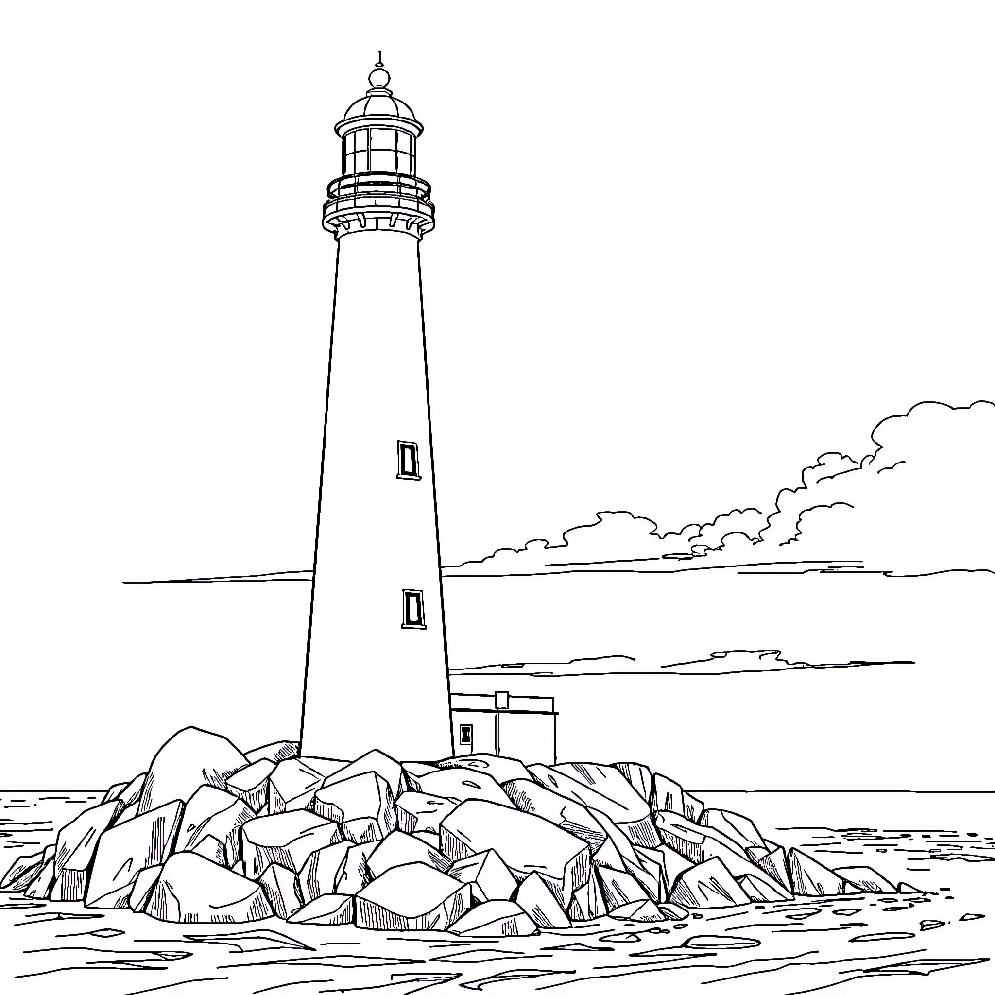Lighthouse standing tall on rocky shore Coloring Page (free black-and-white line drawing printable PDF for all, from beginners to advanced learners, including children, teens, adults, and seniors)