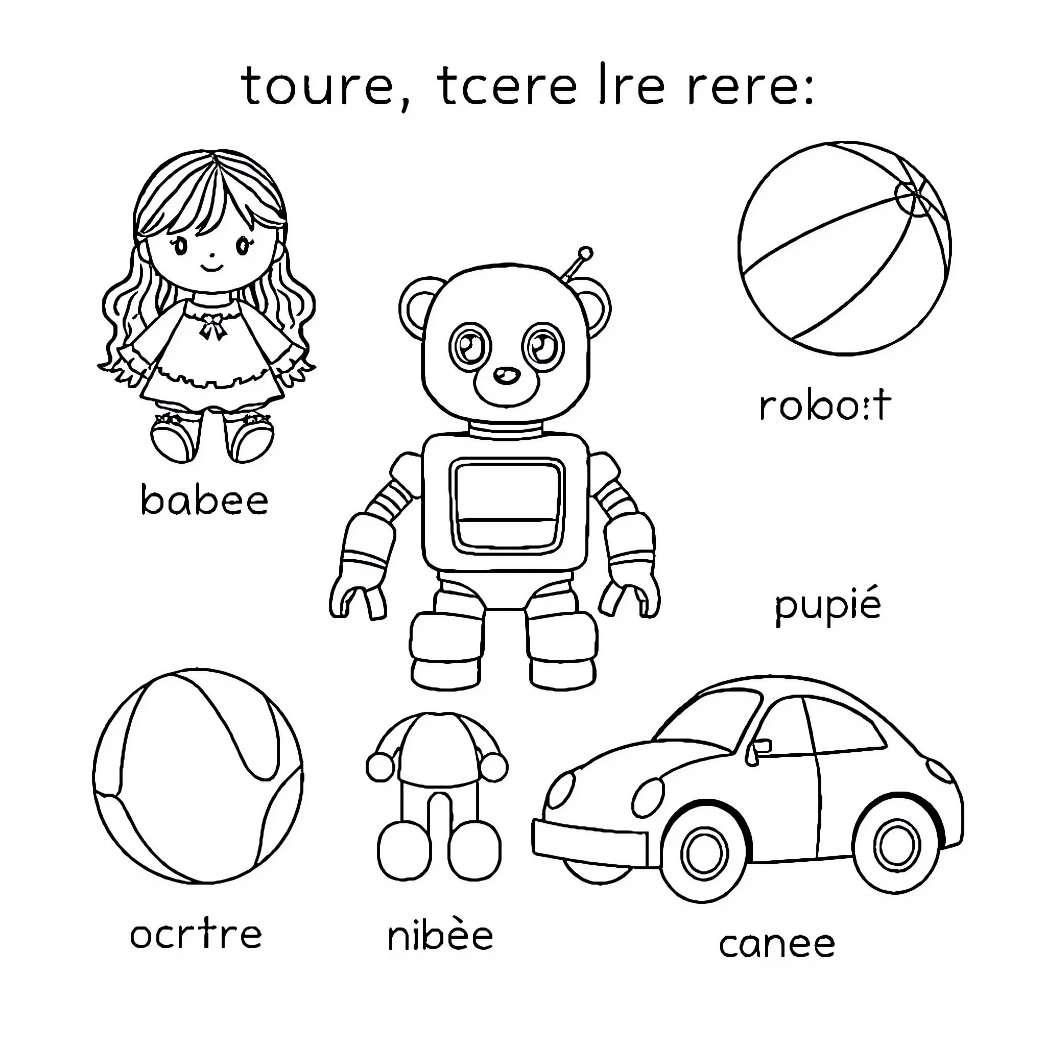 Dolls, Robots, and Toys in Playful Scenes Coloring Page (free black-and-white line drawing printable PDF for all, from beginners to advanced learners, including children, teens, adults, and seniors)
