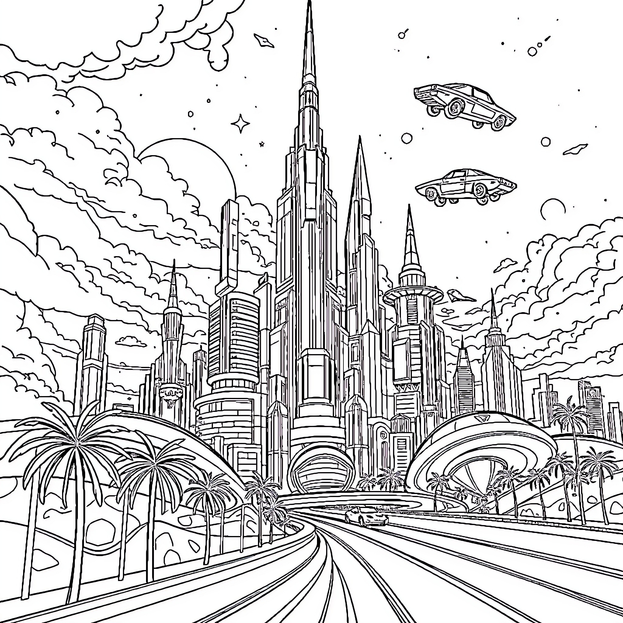 City of Futuristic Skyline and Vehicles Coloring Page (free black-and-white line drawing printable PDF for all, from beginners to advanced learners, including children, teens, adults, and seniors)