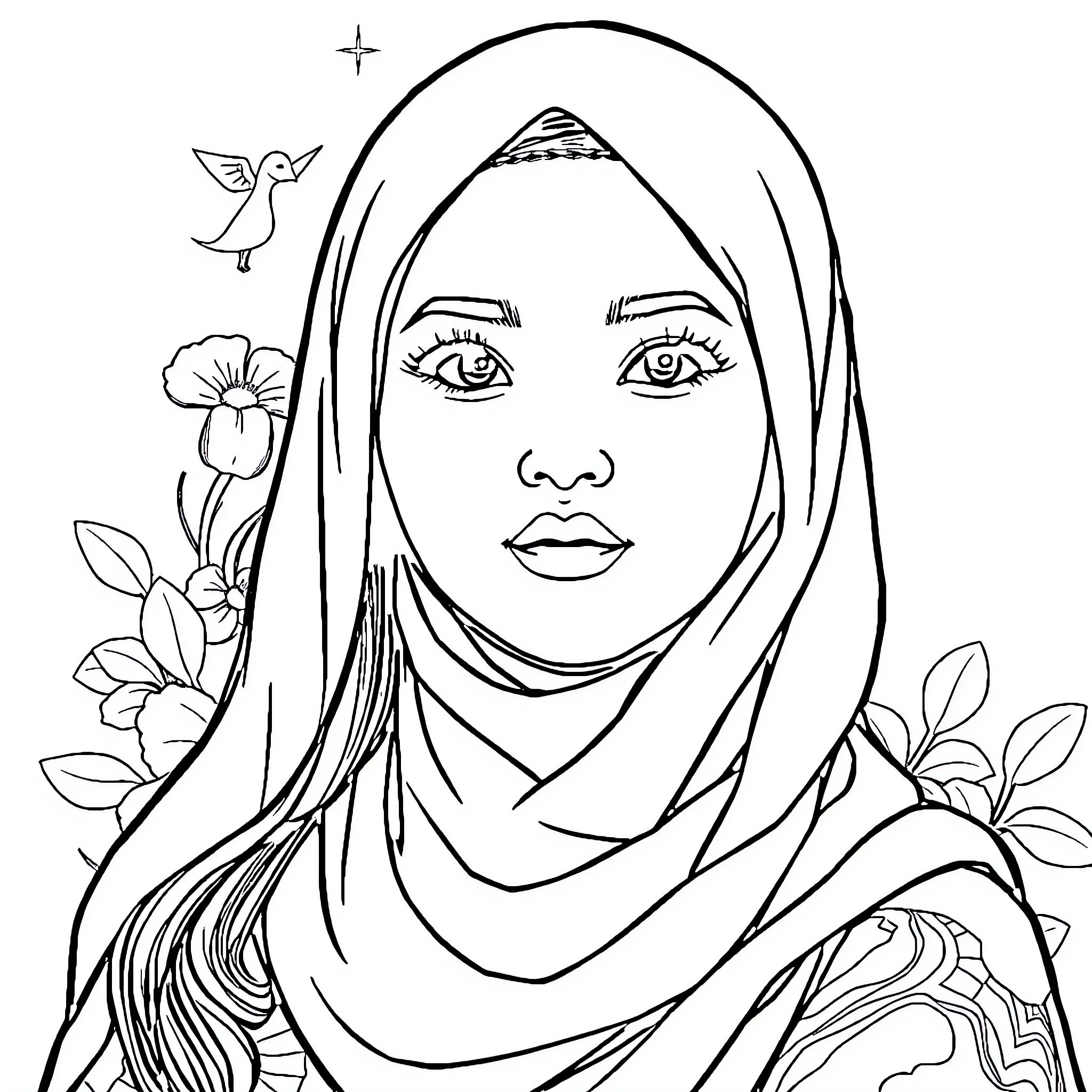 Woman with Hijab Surrounded by Flowers Coloring Page (free black-and-white line drawing printable PDF for all, from beginners to advanced learners, including children, teens, adults, and seniors)