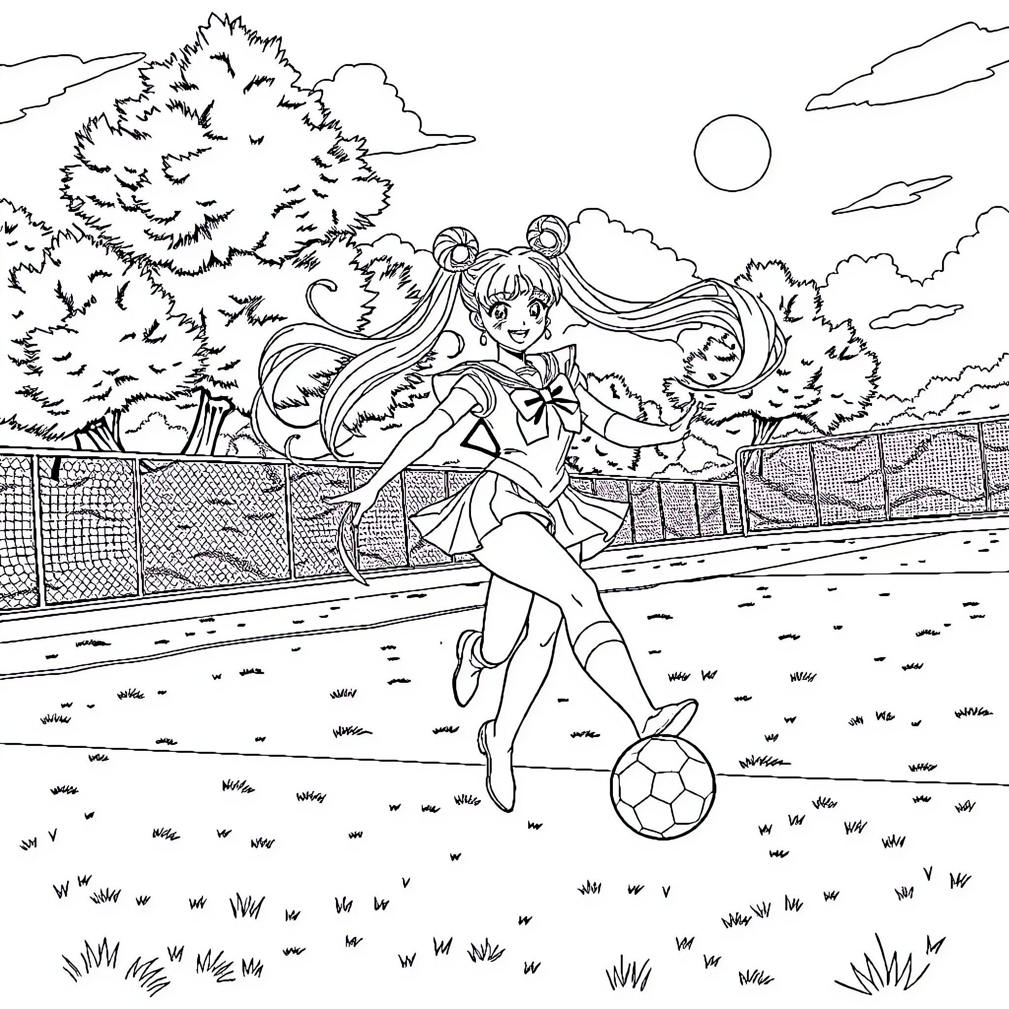 Sailormoon playing soccer in a peaceful park Coloring Page (free black-and-white line drawing printable PDF for all, from beginners to advanced learners, including children, teens, adults, and seniors)
