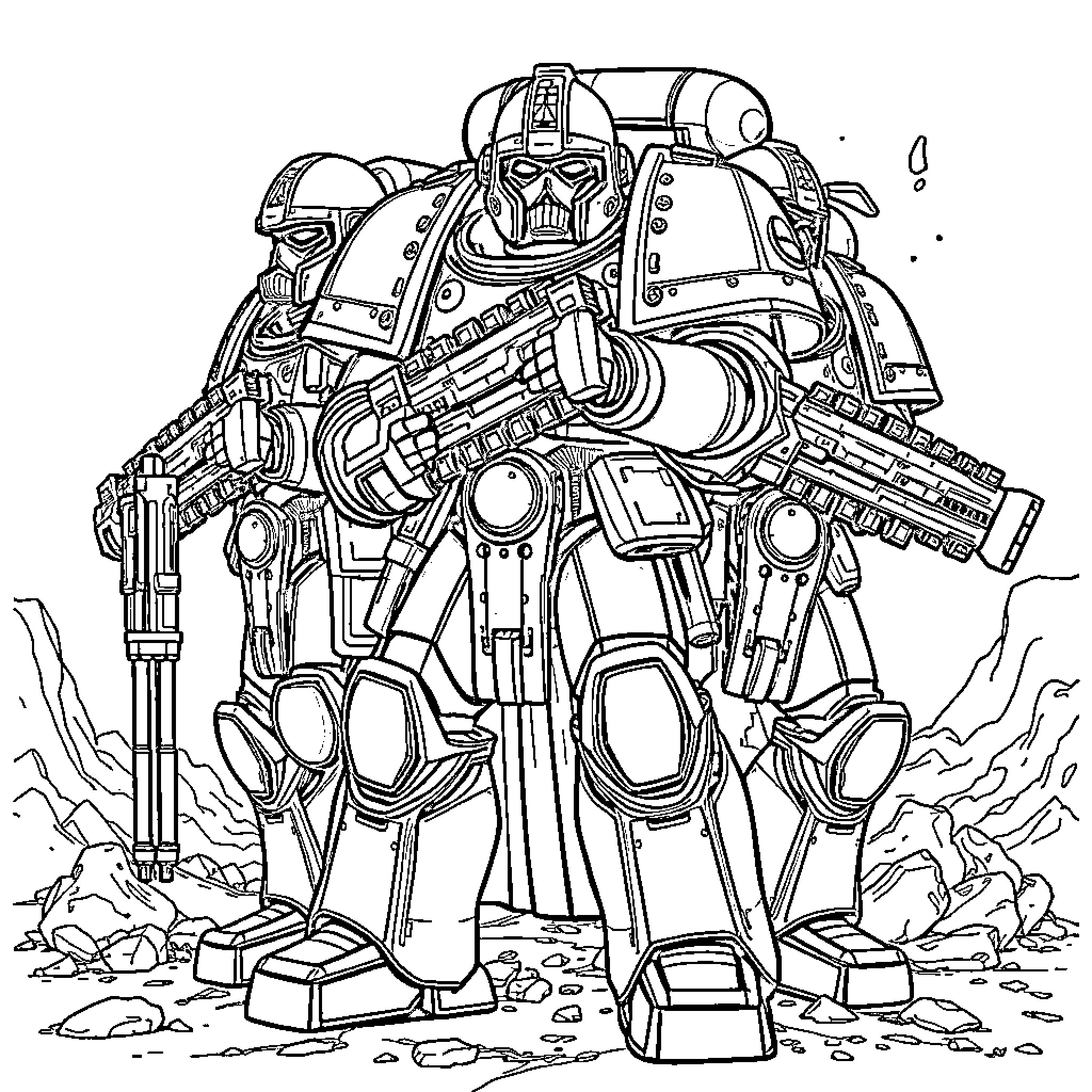 Space Marine Mech Warrior in Ruined Battlefield Coloring Page (free black-and-white line drawing printable PDF for all, from beginners to advanced learners, including children, teens, adults, and seniors)
