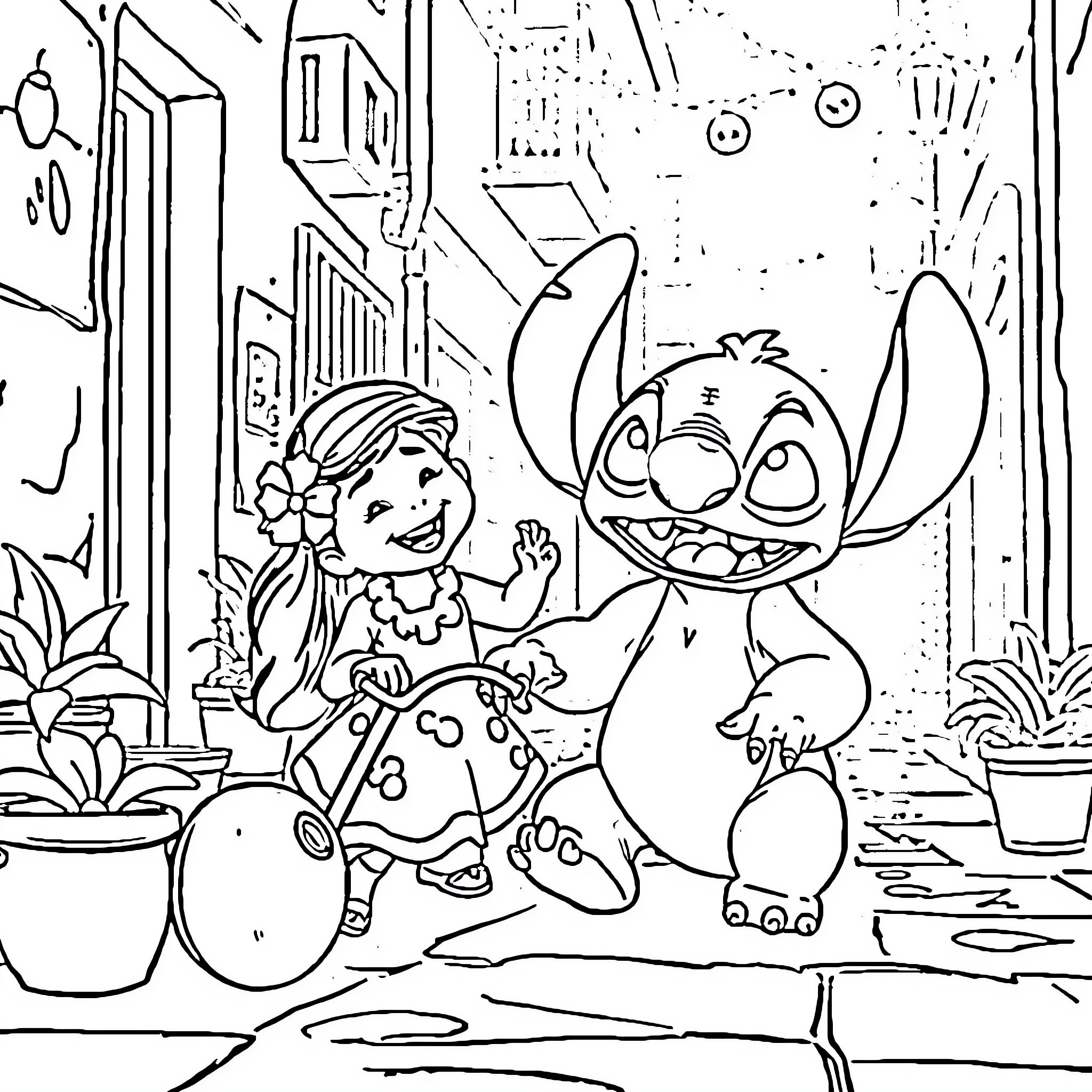 Lilo and Stitch playing in the yard Coloring Page (free black-and-white line drawing printable PDF for all, from beginners to advanced learners, including children, teens, adults, and seniors)