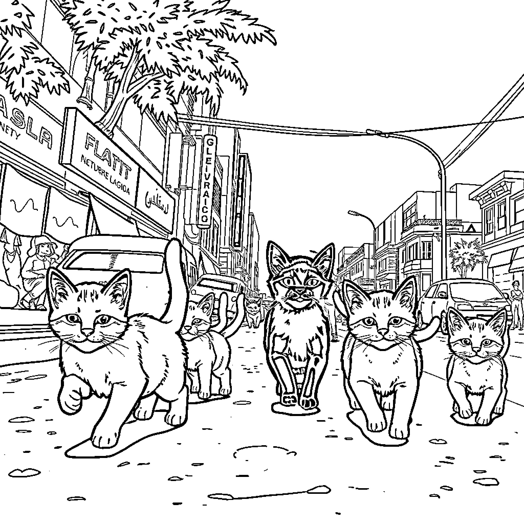 Kitty crew exploring the city streets Coloring Page (free black-and-white line drawing printable PDF for all, from beginners to advanced learners, including children, teens, adults, and seniors)