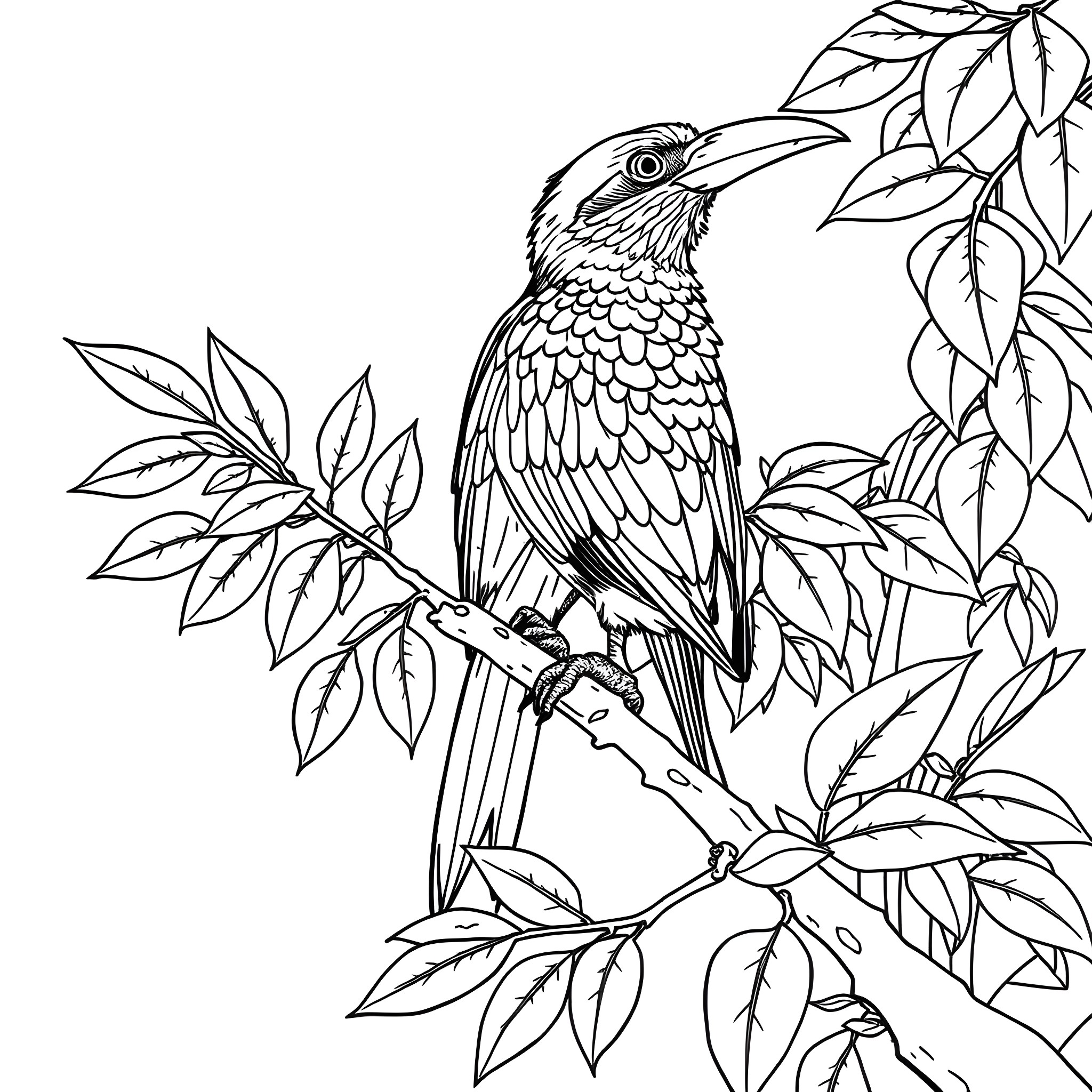 Aulacorhynchus Prasinus in Tropical Foliage Coloring Page (free black-and-white line drawing printable PDF for all, from beginners to advanced learners, including children, teens, adults, and seniors)