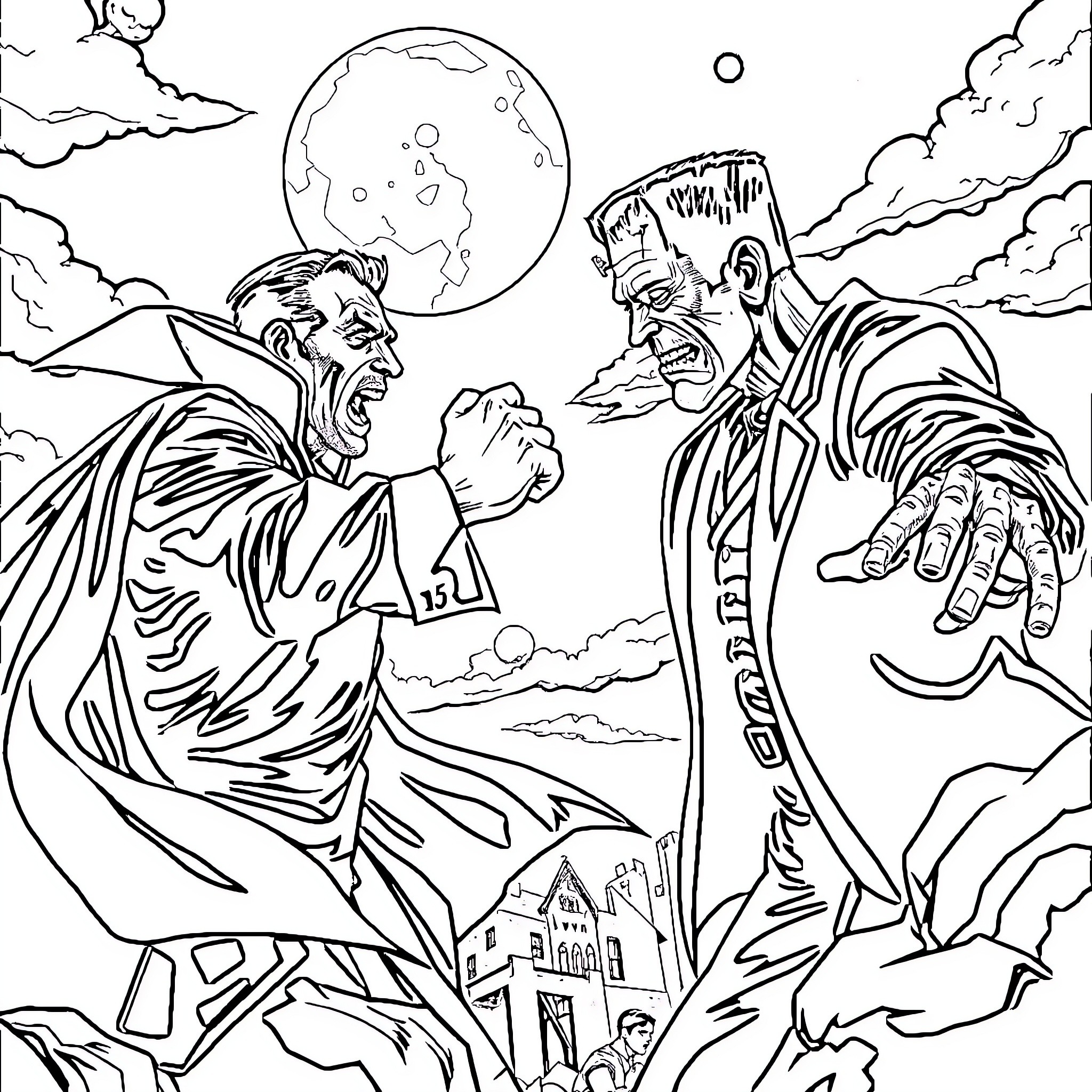 Dracula's Confrontation with a Formidable Foe Coloring Page (free black-and-white line drawing printable PDF for all, from beginners to advanced learners, including children, teens, adults, and seniors)