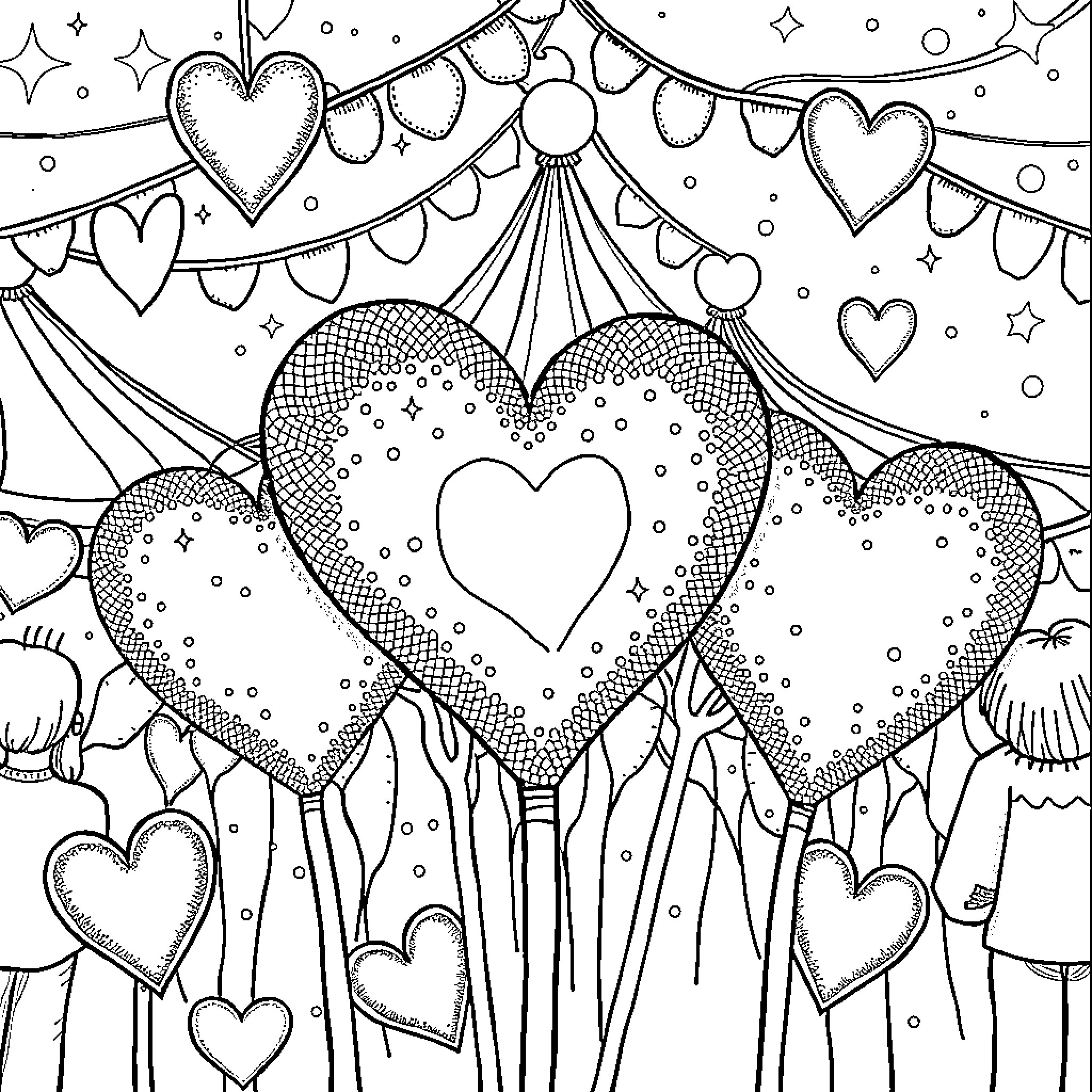 Heart-Filled Celebration in Whimsical Wonderland Coloring Page (free black-and-white line drawing printable PDF for all, from beginners to advanced learners, including children, teens, adults, and seniors)