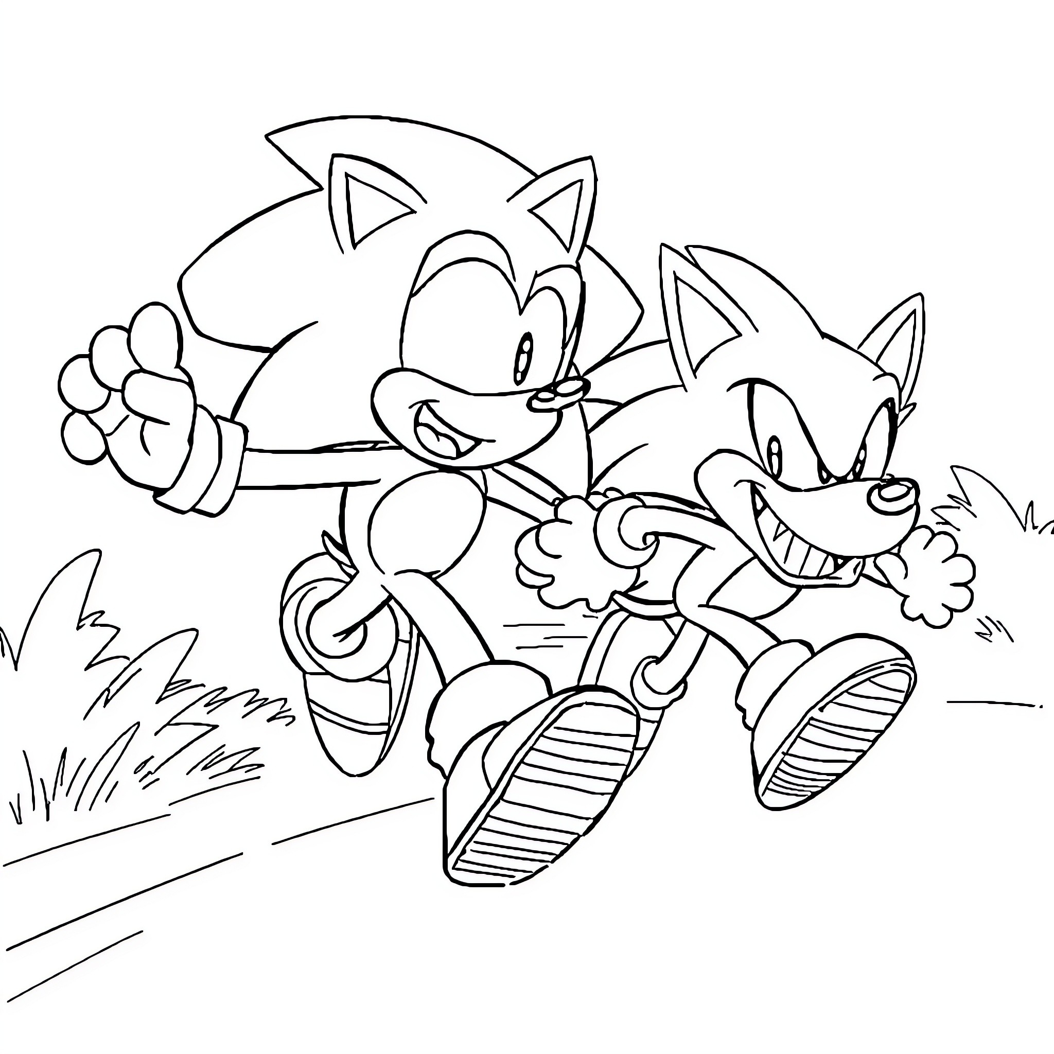 Sonic and friends running and playing joyfully Coloring Page (free black-and-white line drawing printable PDF for all, from beginners to advanced learners, including children, teens, adults, and seniors)