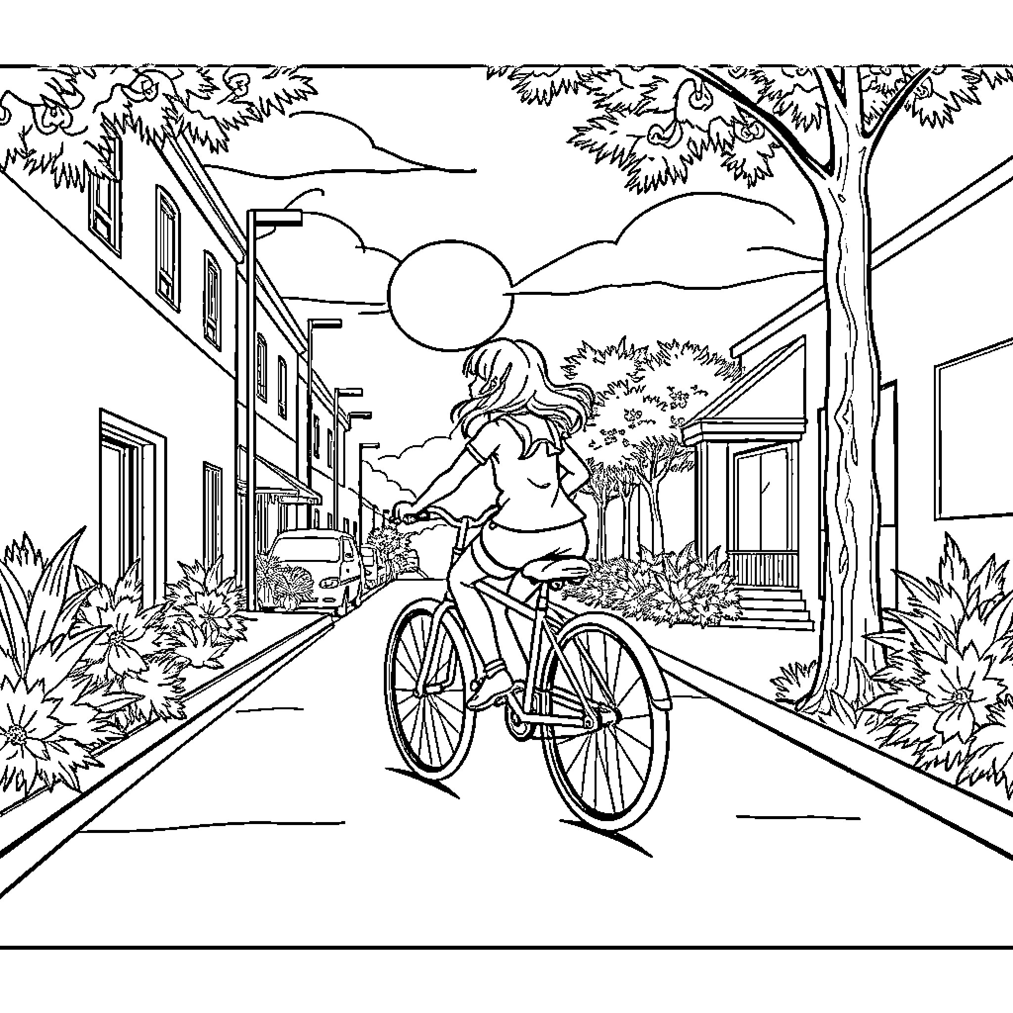 Girl riding bicycle down town street Coloring Page (free black-and-white line drawing printable PDF for all, from beginners to advanced learners, including children, teens, adults, and seniors)