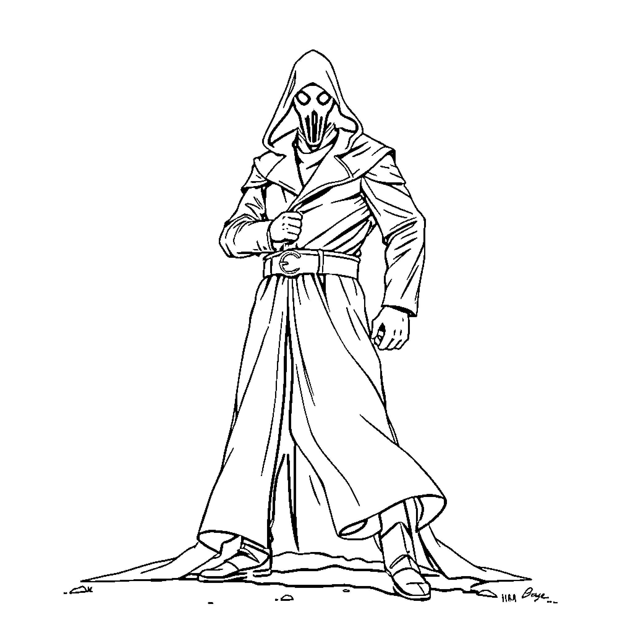 Ghostface character in mysterious robes and hood Coloring Page (free black-and-white line drawing printable PDF for all, from beginners to advanced learners, including children, teens, adults, and seniors)