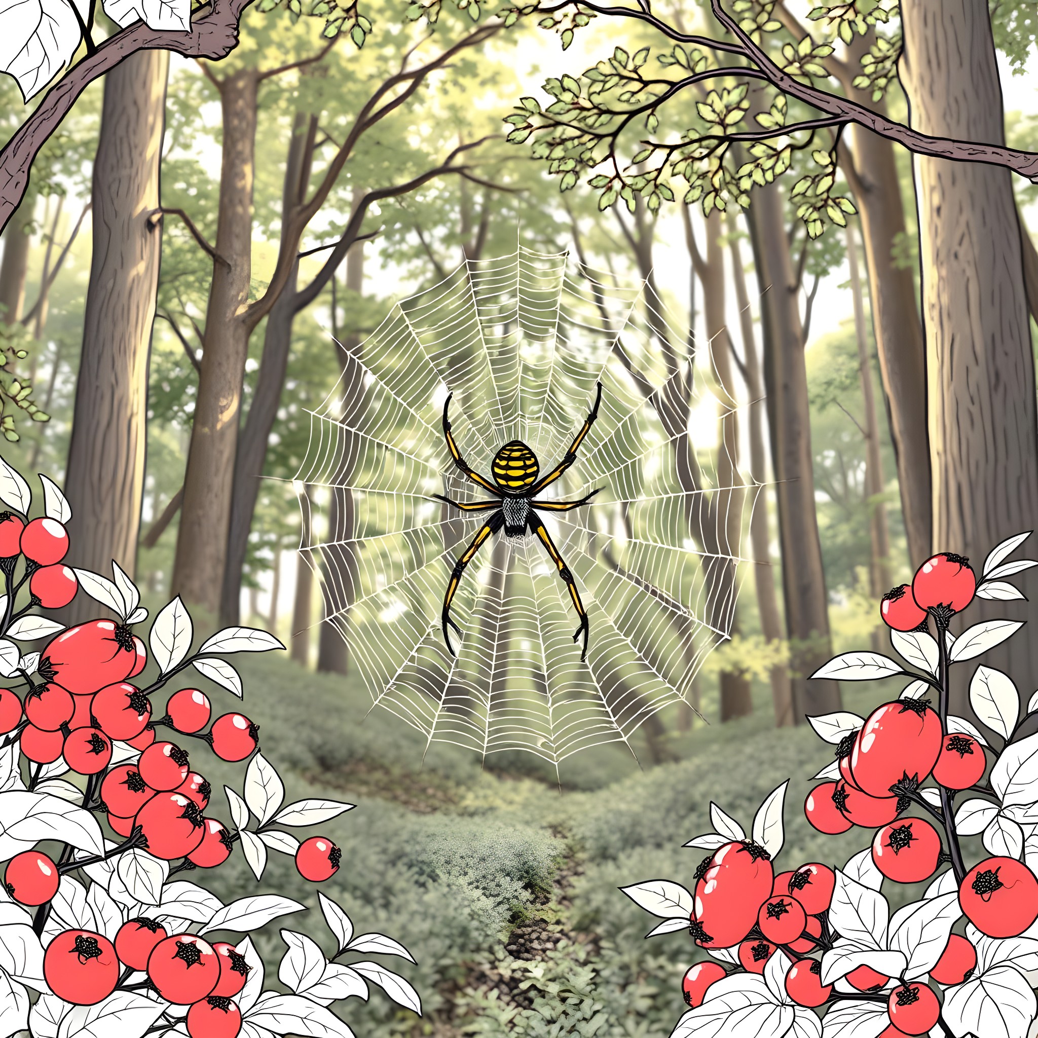 Spider spinning its web in the enchanted forest Coloring Page (free black-and-white line drawing printable PDF for all, from beginners to advanced learners, including children, teens, adults, and seniors)