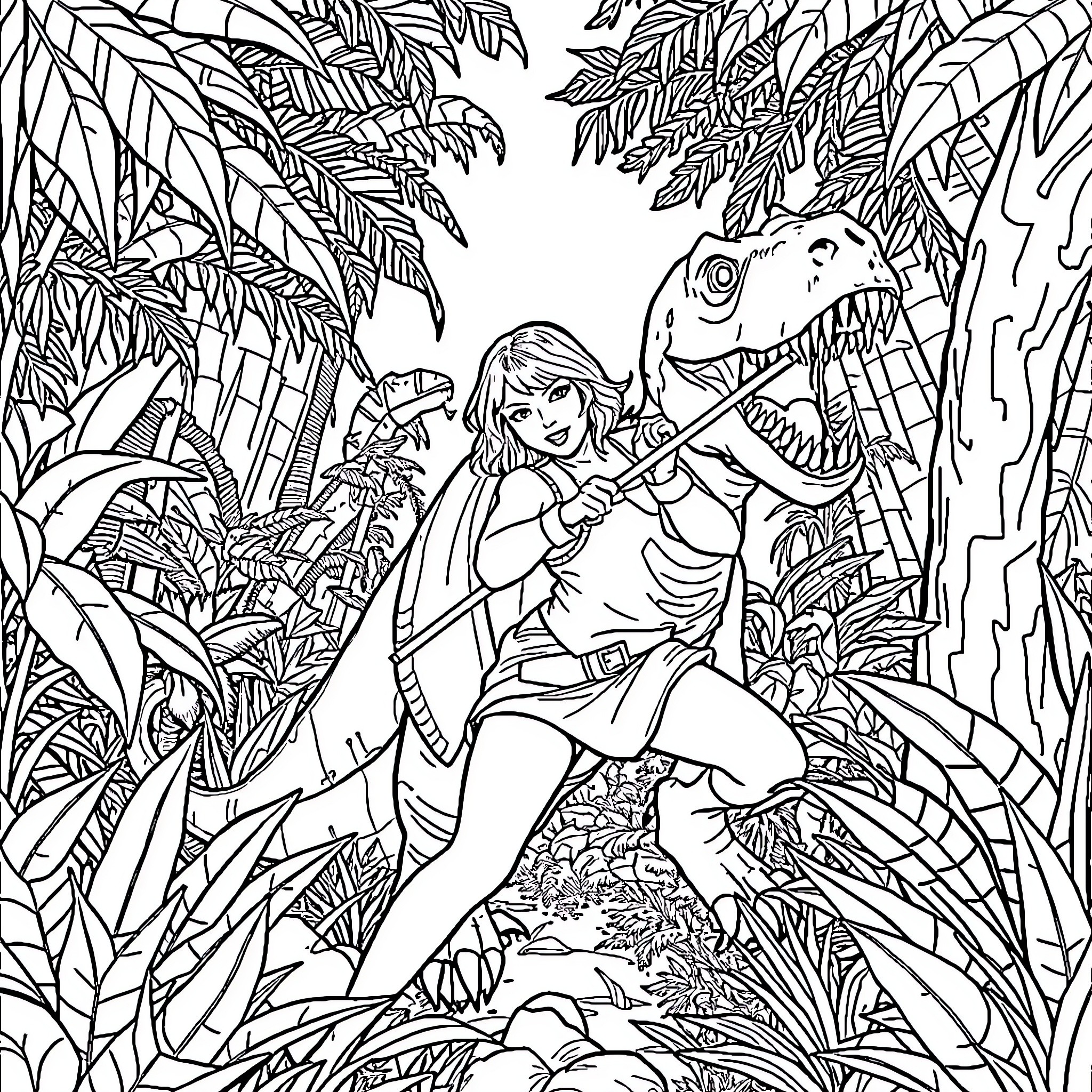 Taylor Swift explores the enchanted jungle with dinosaurs Coloring Page (free black-and-white line drawing printable PDF for all, from beginners to advanced learners, including children, teens, adults, and seniors)