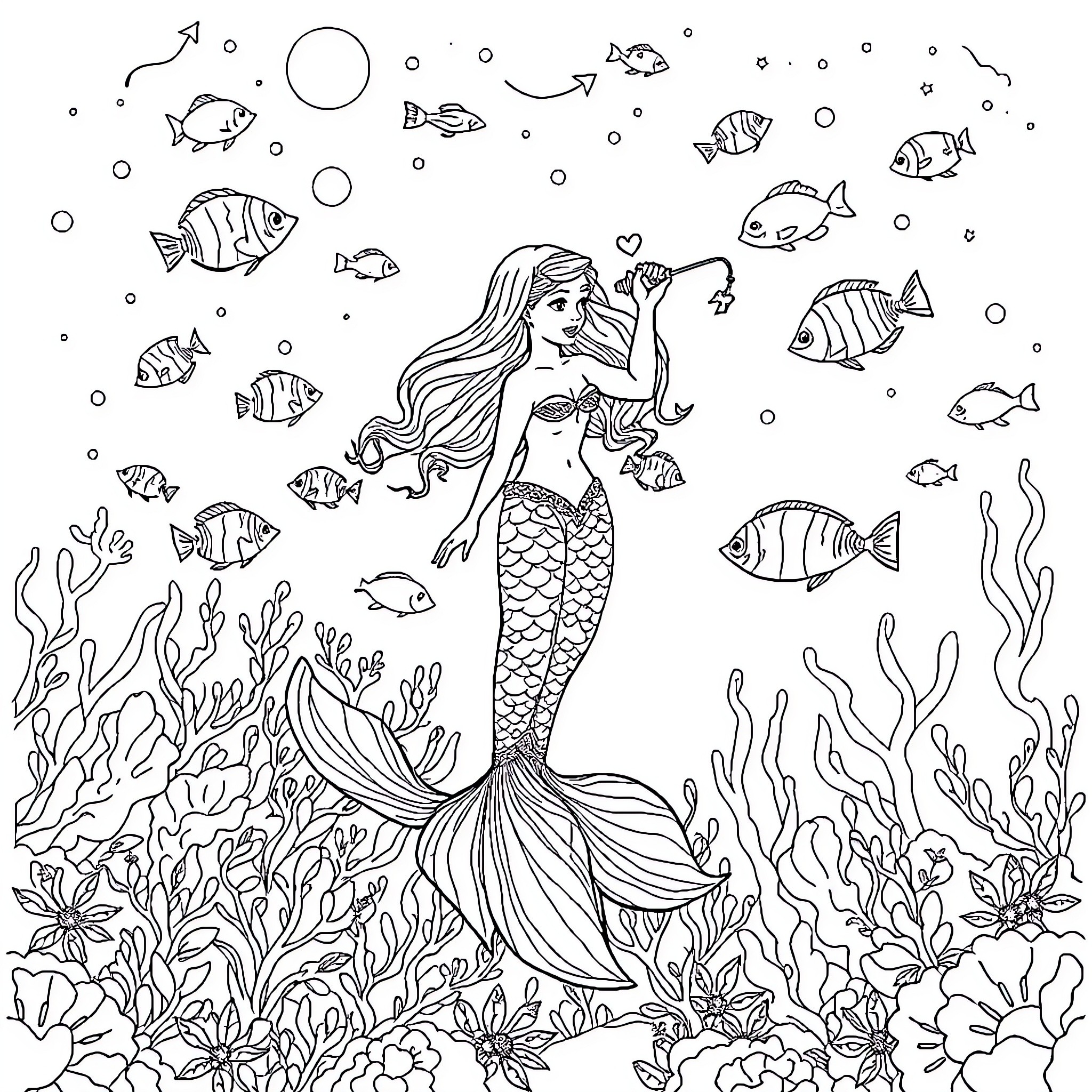 Mermaid Exploring the Enchanting Underwater World Coloring Page (free black-and-white line drawing printable PDF for all, from beginners to advanced learners, including children, teens, adults, and seniors)