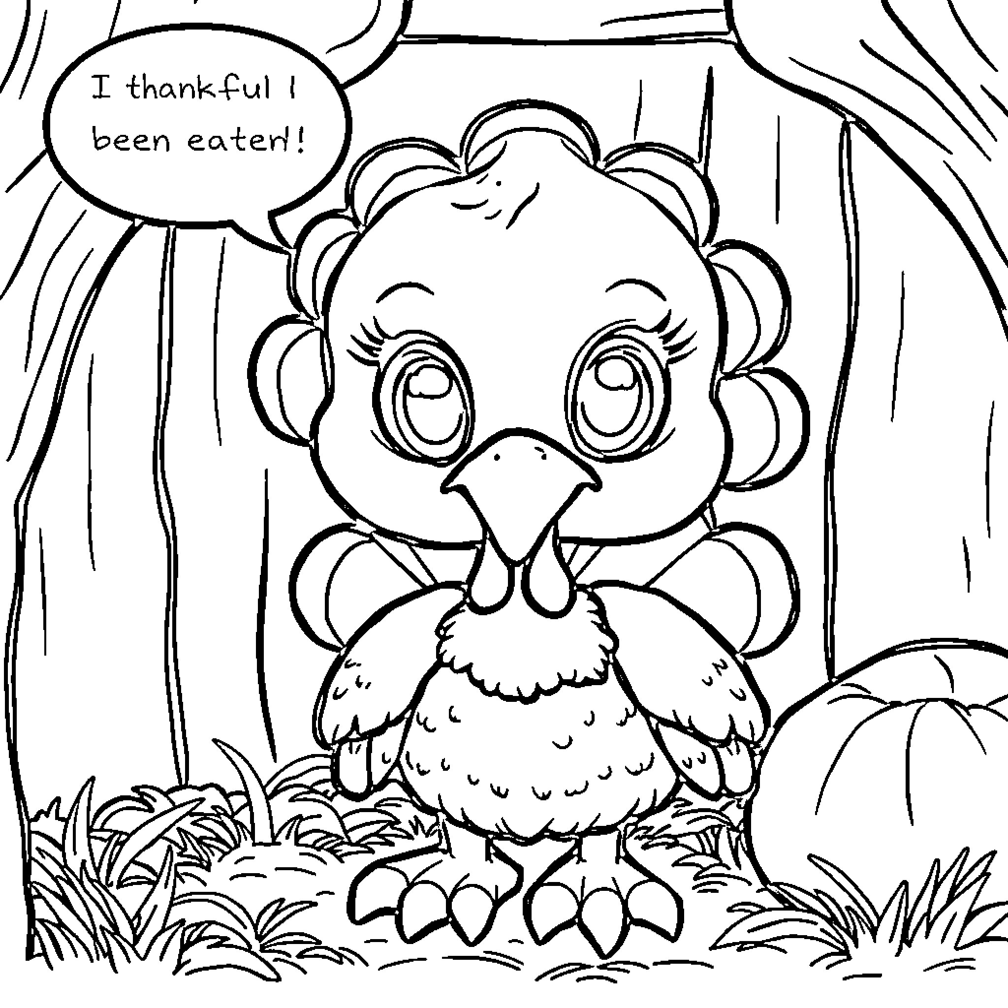 Turkey happily expressing gratitude after being eater Coloring Page (free black-and-white line drawing printable PDF for all, from beginners to advanced learners, including children, teens, adults, and seniors)