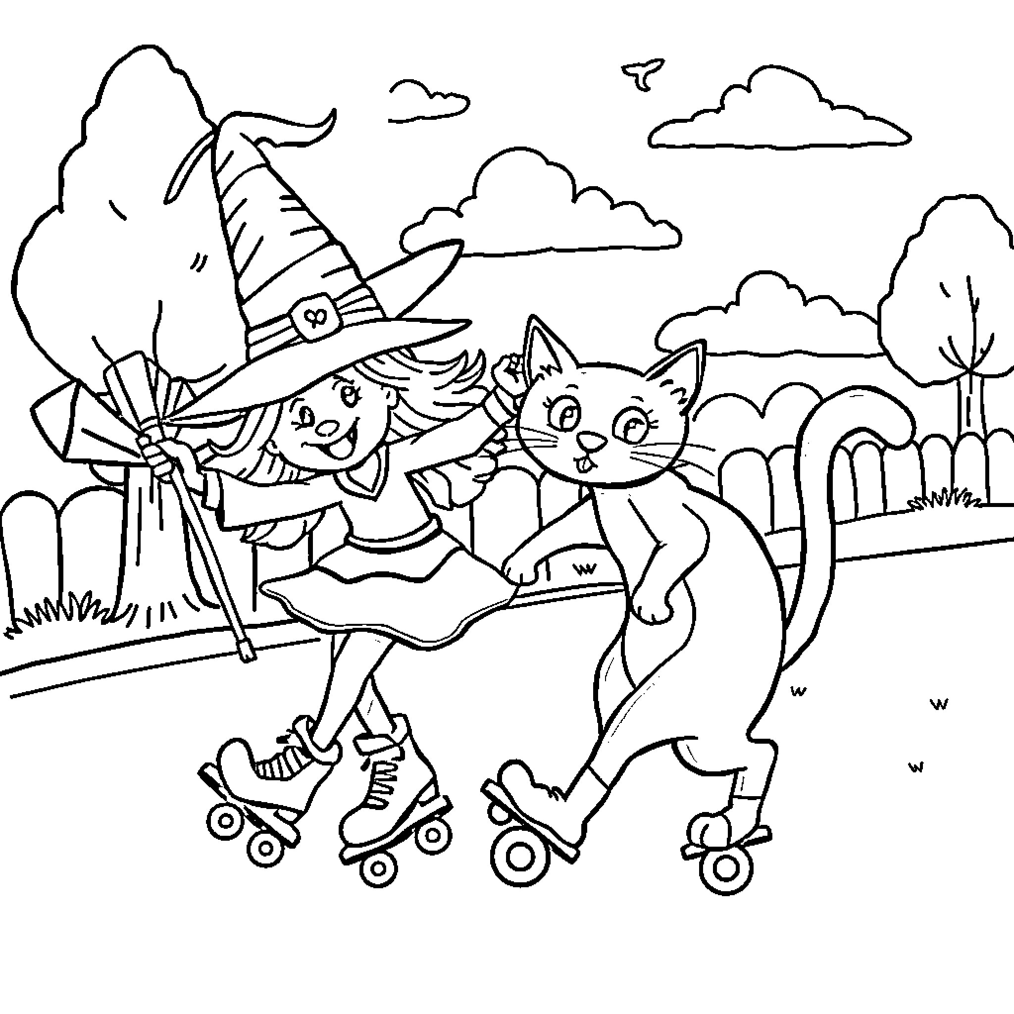 Witch and cat roller skating in the park Coloring Page (free black-and-white line drawing printable PDF for all, from beginners to advanced learners, including children, teens, adults, and seniors)