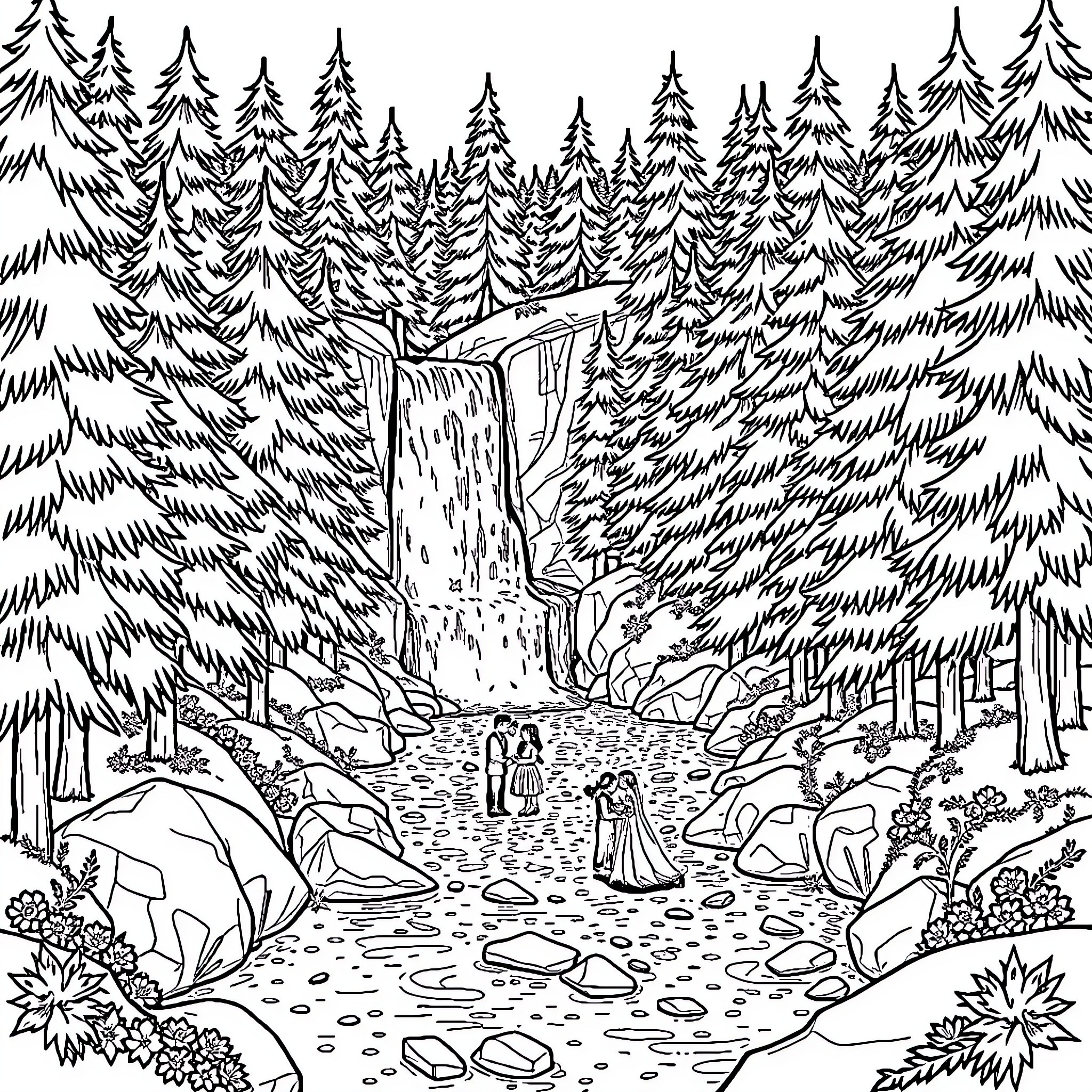 Wedding Celebration in a Serene Forest Landscape Coloring Page (free black-and-white line drawing printable PDF for all, from beginners to advanced learners, including children, teens, adults, and seniors)