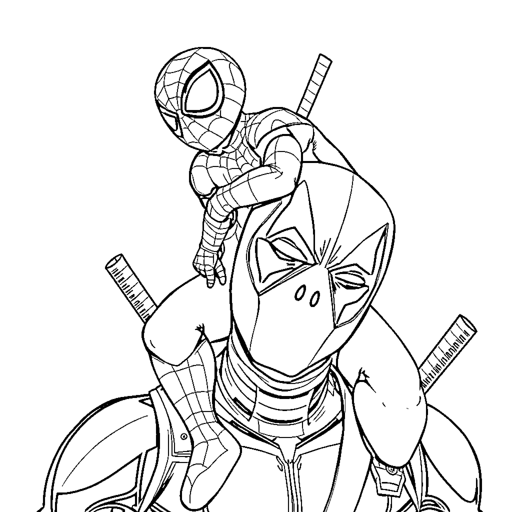 Spiderman swinging into action with superhero pose Coloring Page (free black-and-white line drawing printable PDF for all, from beginners to advanced learners, including children, teens, adults, and seniors)