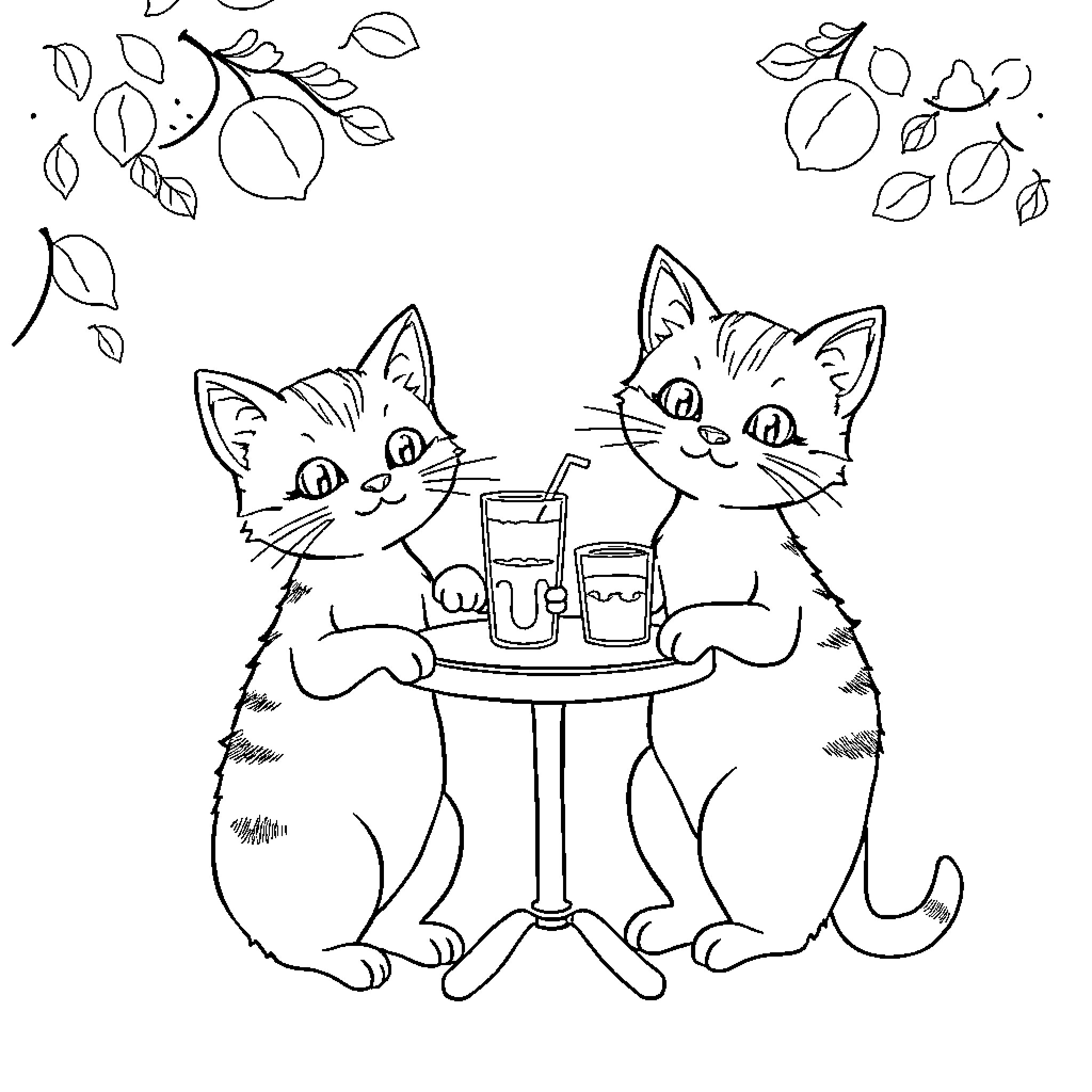 Cat Enjoying Beverages with Friend Coloring Page (free black-and-white line drawing printable PDF for all, from beginners to advanced learners, including children, teens, adults, and seniors)