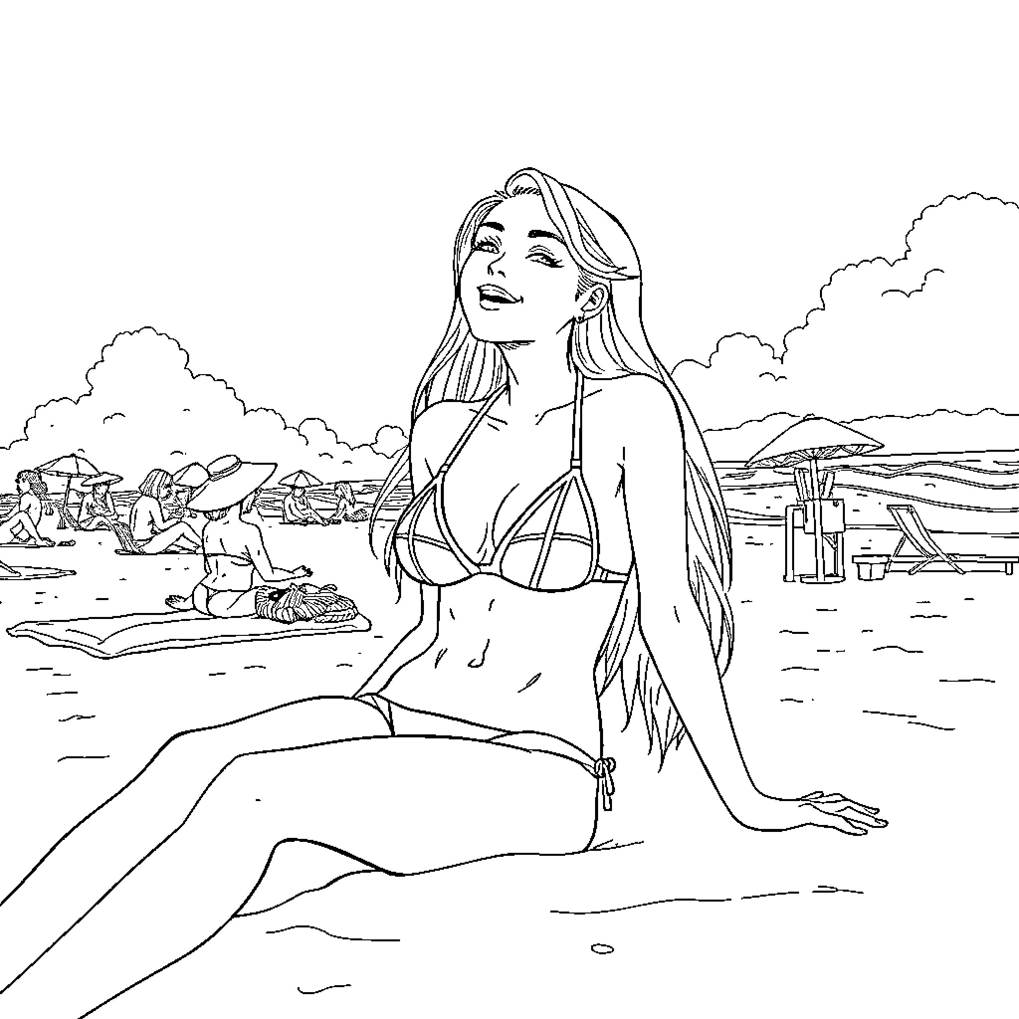 Ino Yaminaka enjoys a day at the beach Coloring Page (free black-and-white line drawing printable PDF for all, from beginners to advanced learners, including children, teens, adults, and seniors)