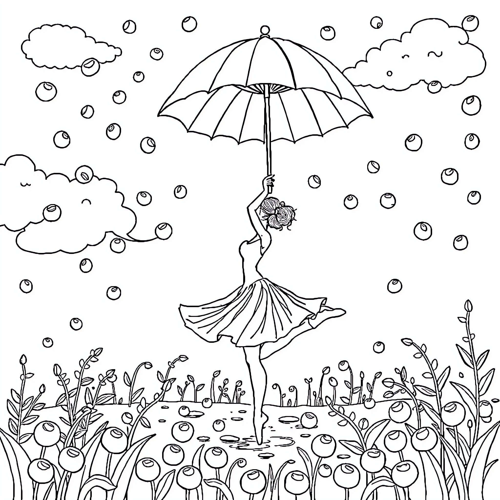 Ballerina dancing with umbrella in rainy nature scene Coloring Page (free black-and-white line drawing printable PDF for all, from beginners to advanced learners, including children, teens, adults, and seniors)