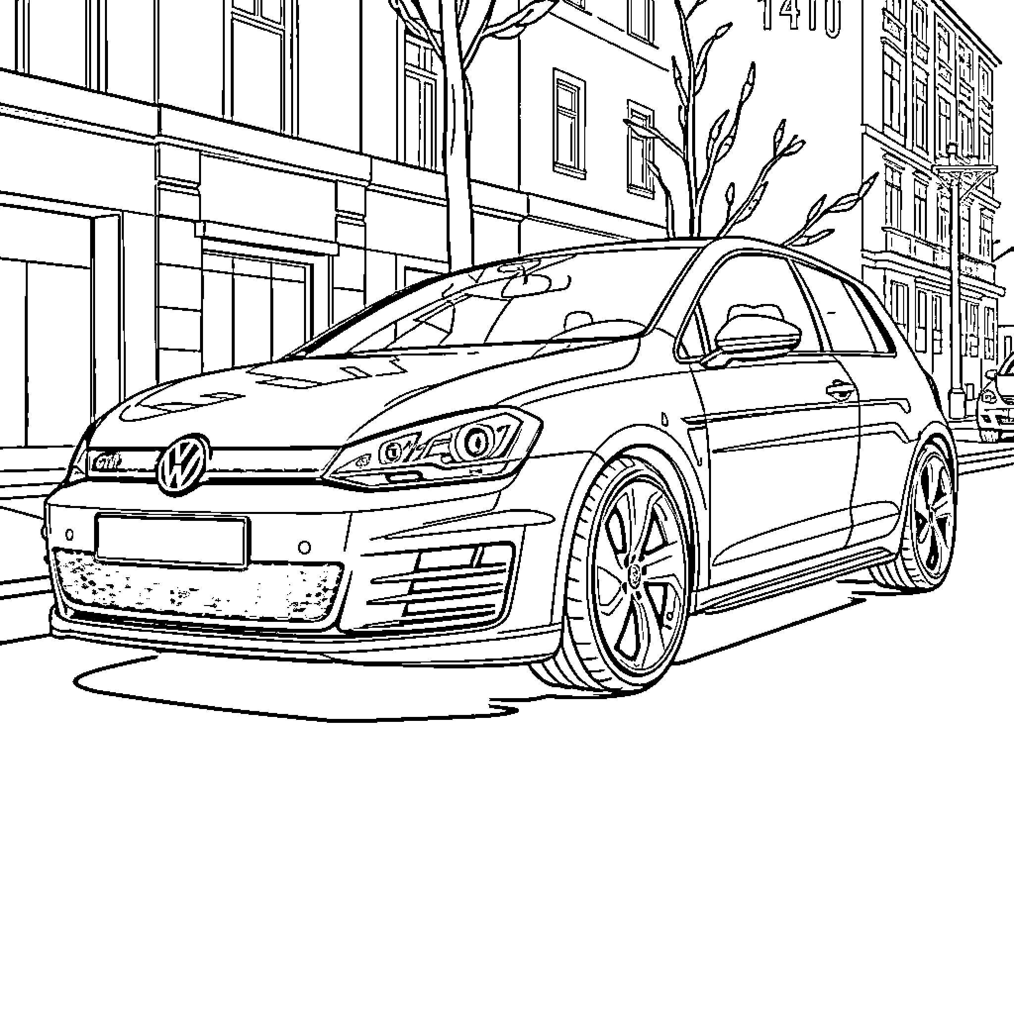 VW Golf GTI parked on urban street Coloring Page (free black-and-white line drawing printable PDF for all, from beginners to advanced learners, including children, teens, adults, and seniors)