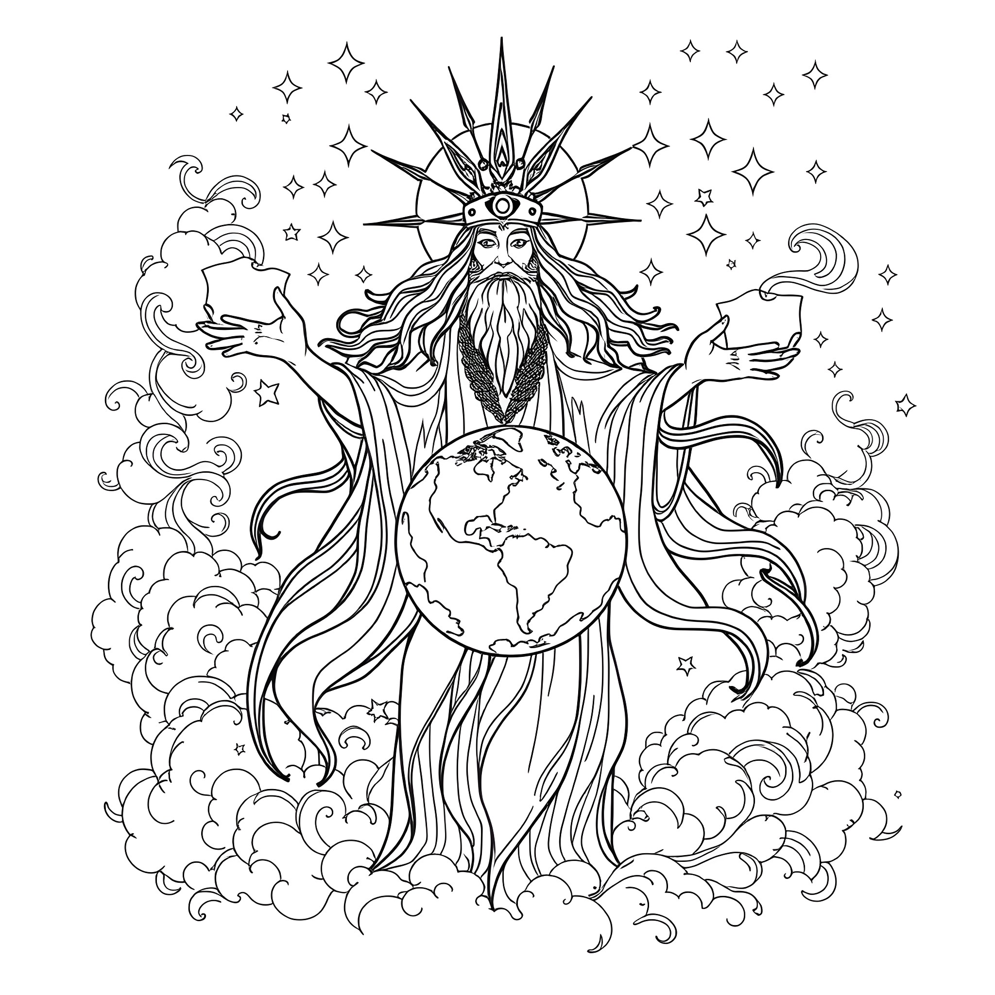 Spirit of the Cosmic Creator Coloring Page (free black-and-white line drawing printable PDF for all, from beginners to advanced learners, including children, teens, adults, and seniors)