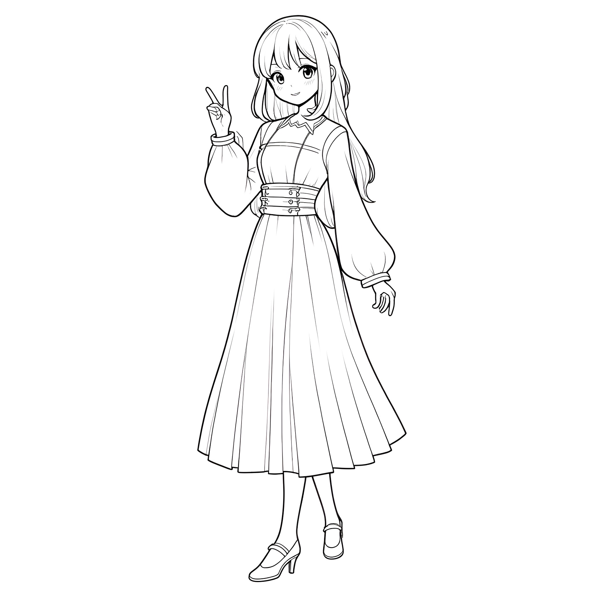 Inosuke striking a confident pose in a flowing dress Coloring Page (free black-and-white line drawing printable PDF for all, from beginners to advanced learners, including children, teens, adults, and seniors)