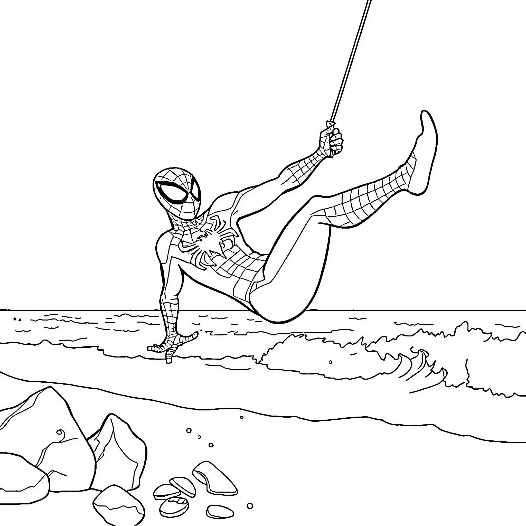 Spiderman swinging through the air above the ocean Coloring Page (free black-and-white line drawing printable PDF for all, from beginners to advanced learners, including children, teens, adults, and seniors)