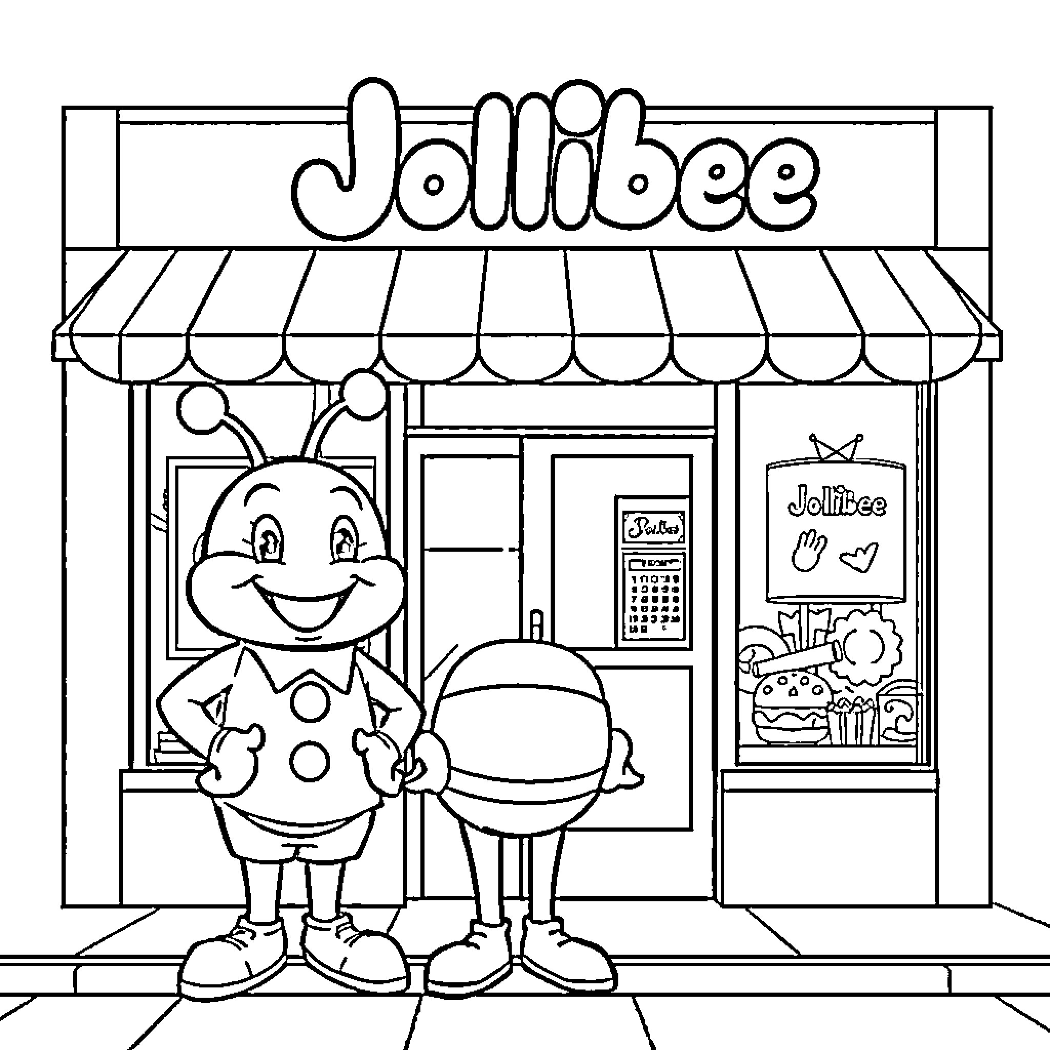 Jollibee mascot and burger character at restaurant Coloring Page (free black-and-white line drawing printable PDF for all, from beginners to advanced learners, including children, teens, adults, and seniors)