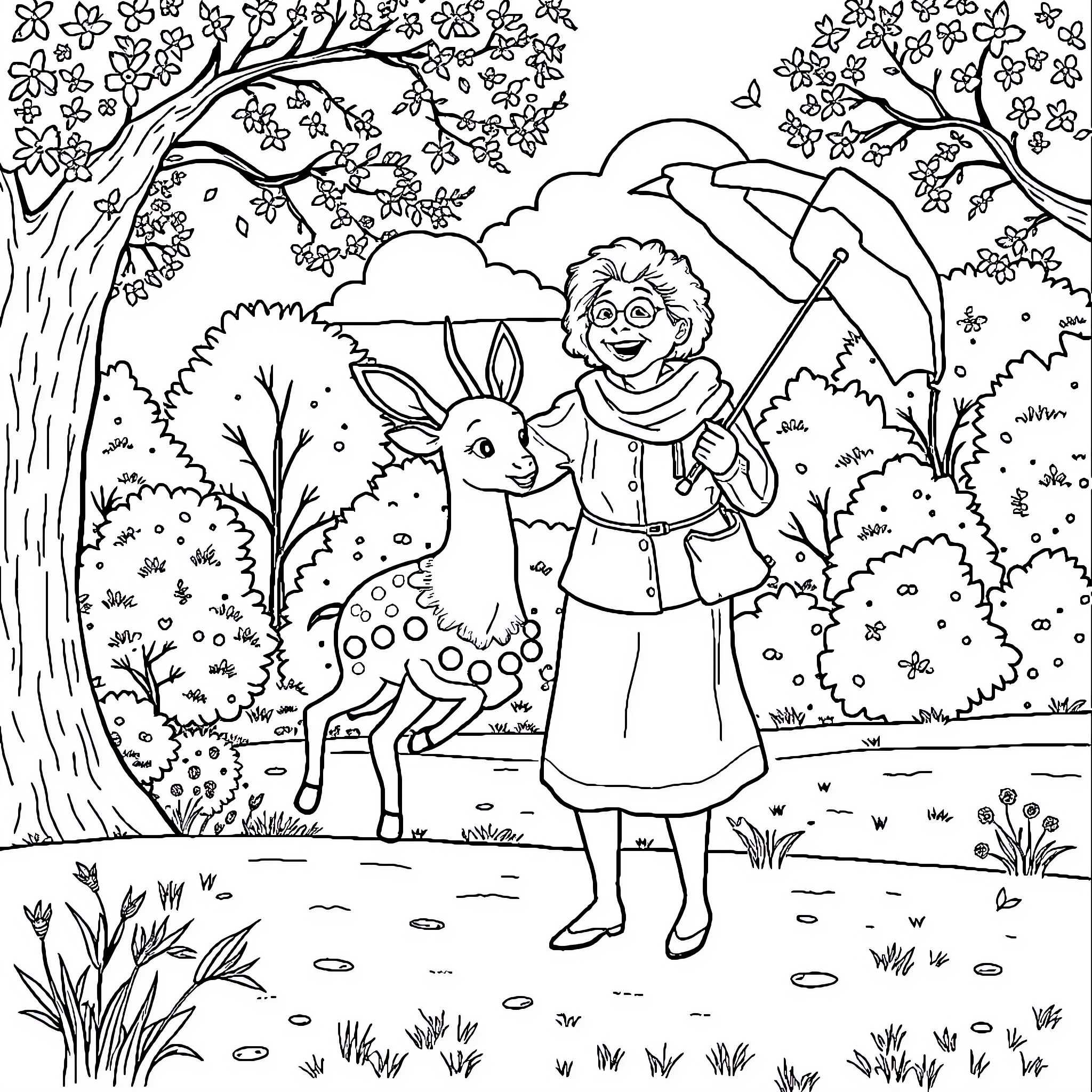 Grandmother enjoying nature with a friendly rabbit Coloring Page (free black-and-white line drawing printable PDF for all, from beginners to advanced learners, including children, teens, adults, and seniors)