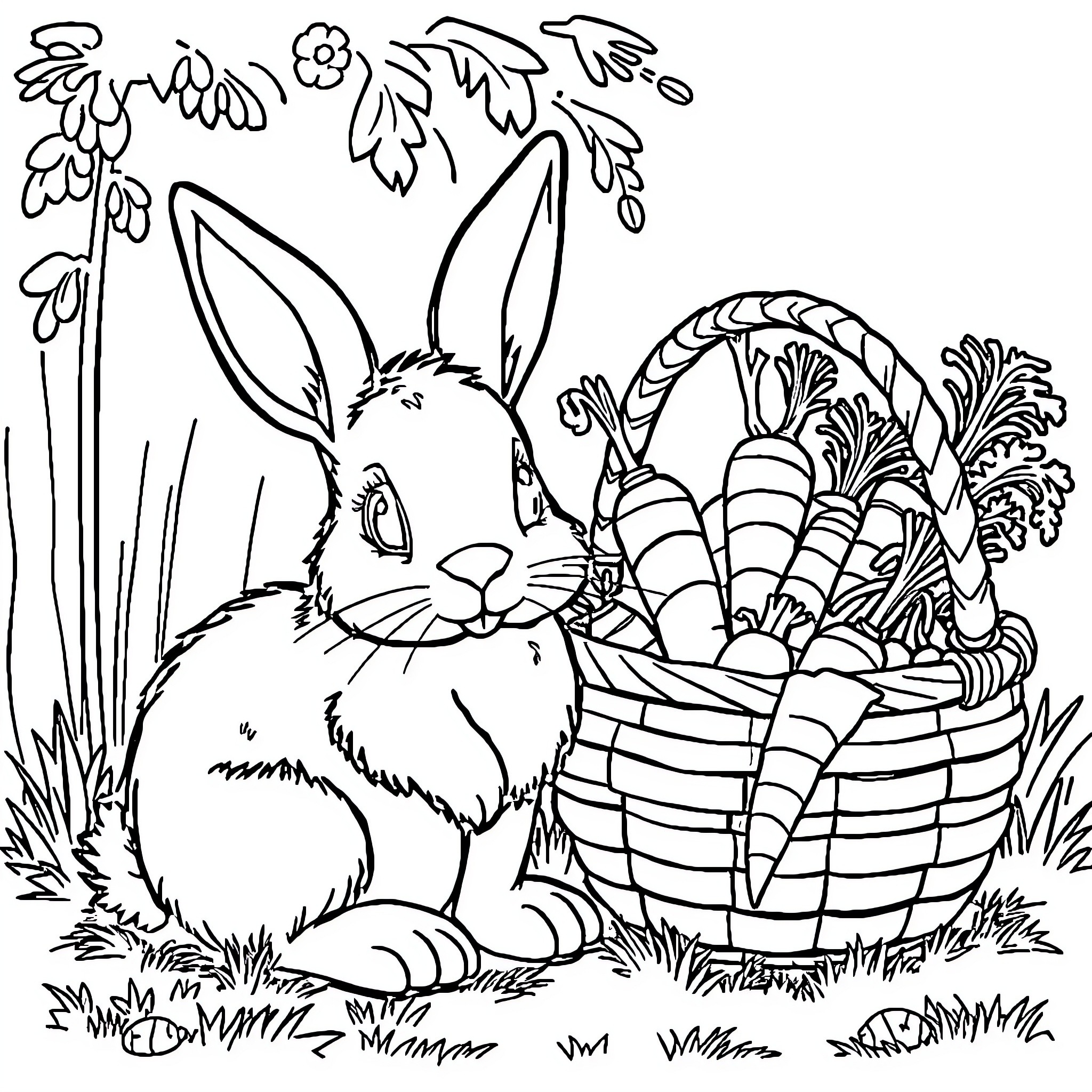 Bunny with a basket of carrots and flowers Coloring Page (free black-and-white line drawing printable PDF for all, from beginners to advanced learners, including children, teens, adults, and seniors)