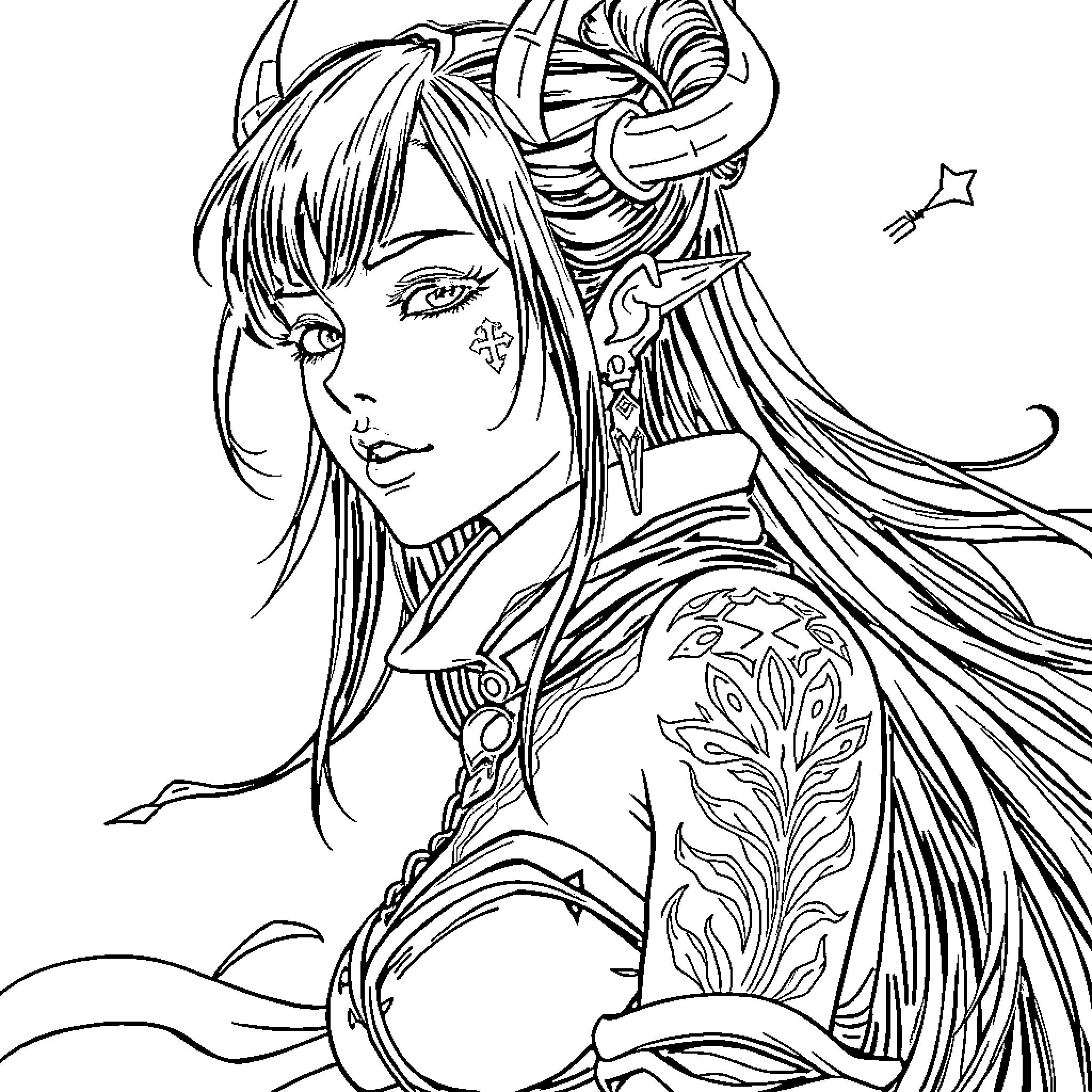 Rumi's Enchanting Otherworldly Portrait Coloring Page (free black-and-white line drawing printable PDF for all, from beginners to advanced learners, including children, teens, adults, and seniors)