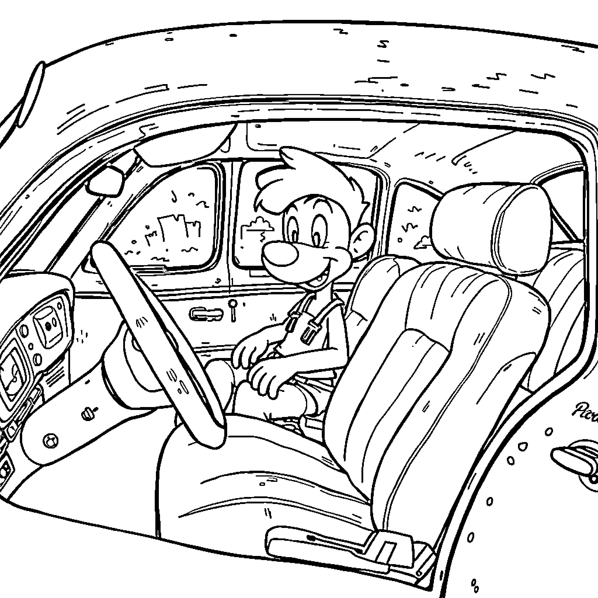 Picsou driving a car with a happy expression Coloring Page (free black-and-white line drawing printable PDF for all, from beginners to advanced learners, including children, teens, adults, and seniors)