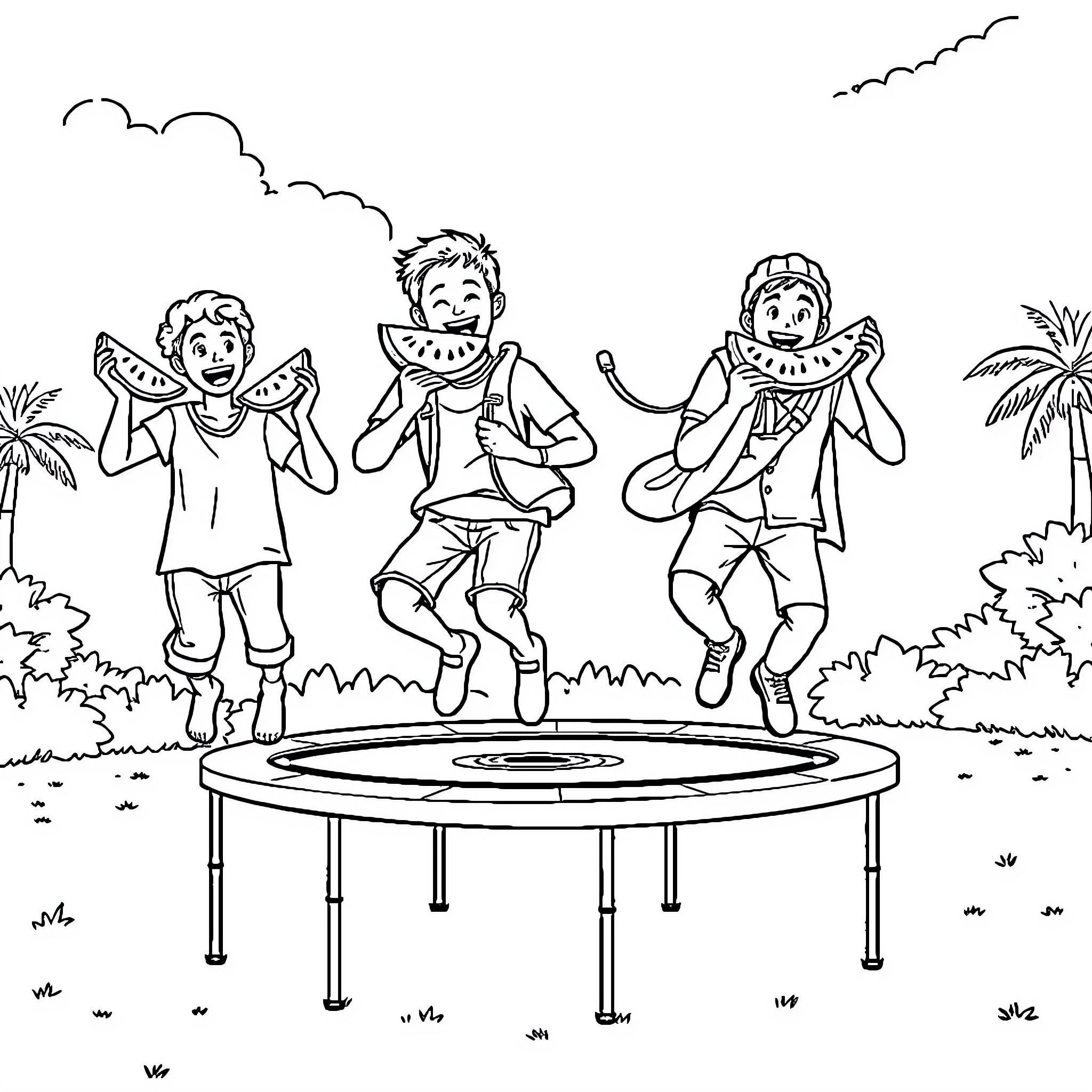 Watermelon Jumping Fun on Trampoline Coloring Page (free black-and-white line drawing printable PDF for all, from beginners to advanced learners, including children, teens, adults, and seniors)