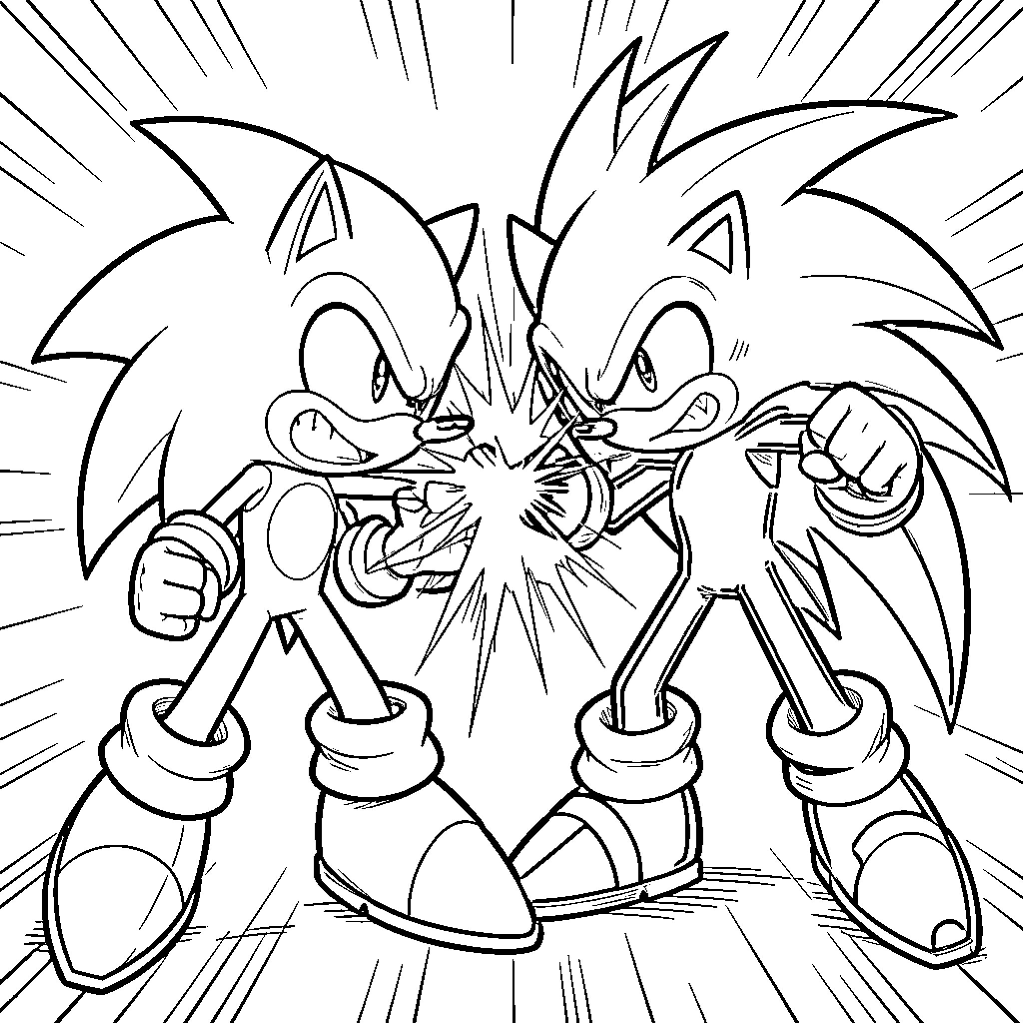 Sonic facing off against a rival in a battle Coloring Page (free black-and-white line drawing printable PDF for all, from beginners to advanced learners, including children, teens, adults, and seniors)