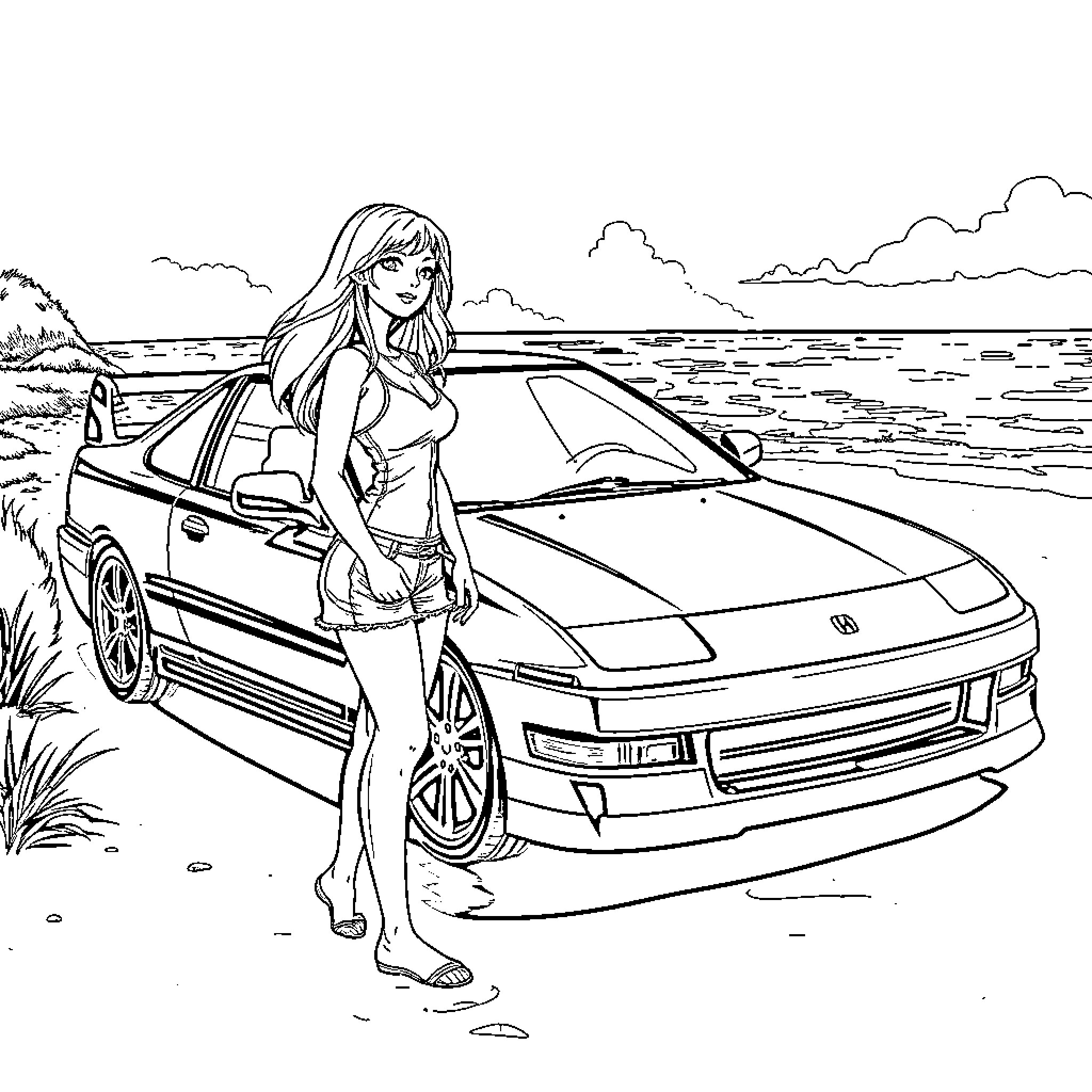 Girl posing confidently by sports car on beach Coloring Page (free black-and-white line drawing printable PDF for all, from beginners to advanced learners, including children, teens, adults, and seniors)