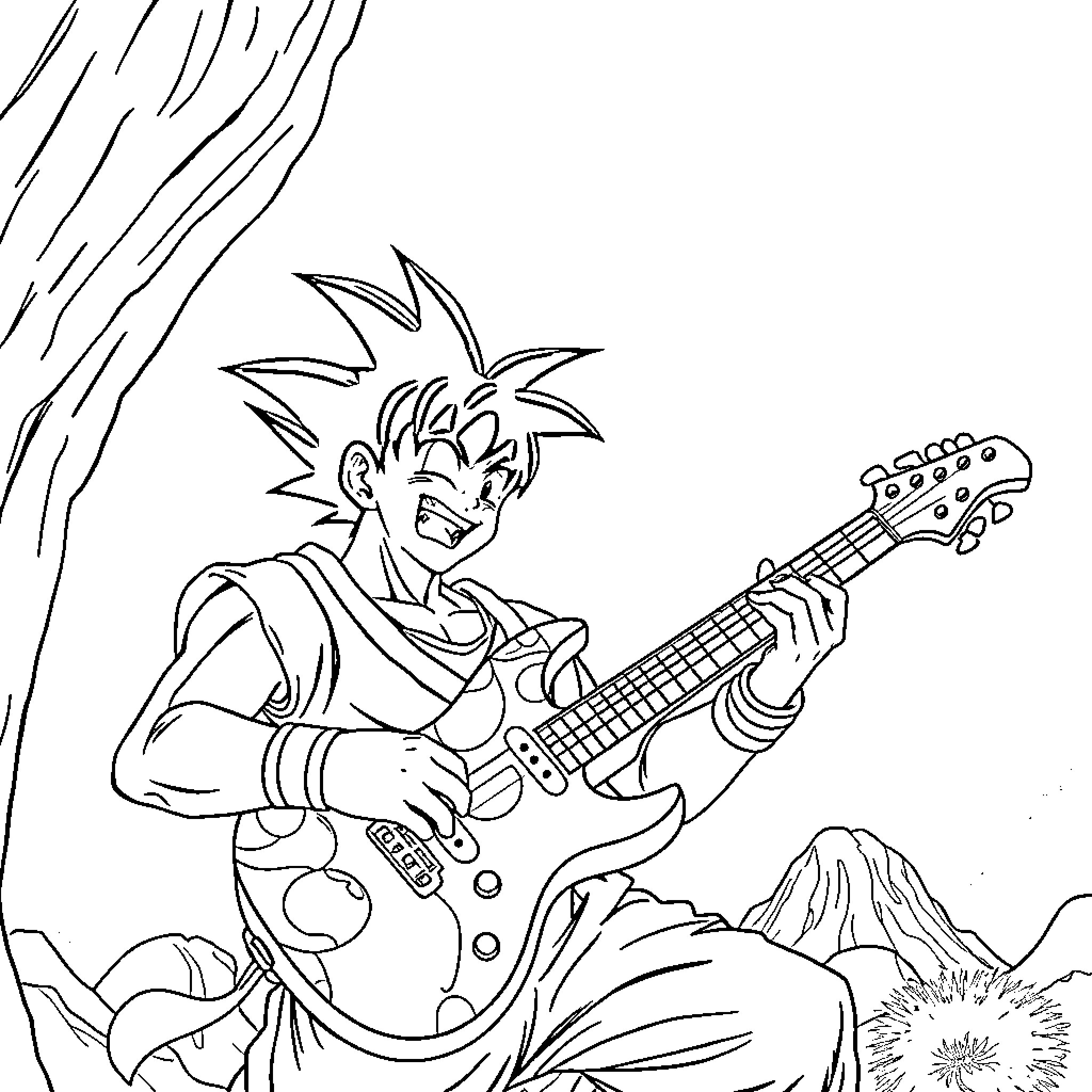 Son Goku playing electric guitar in nature Coloring Page (free black-and-white line drawing printable PDF for all, from beginners to advanced learners, including children, teens, adults, and seniors)