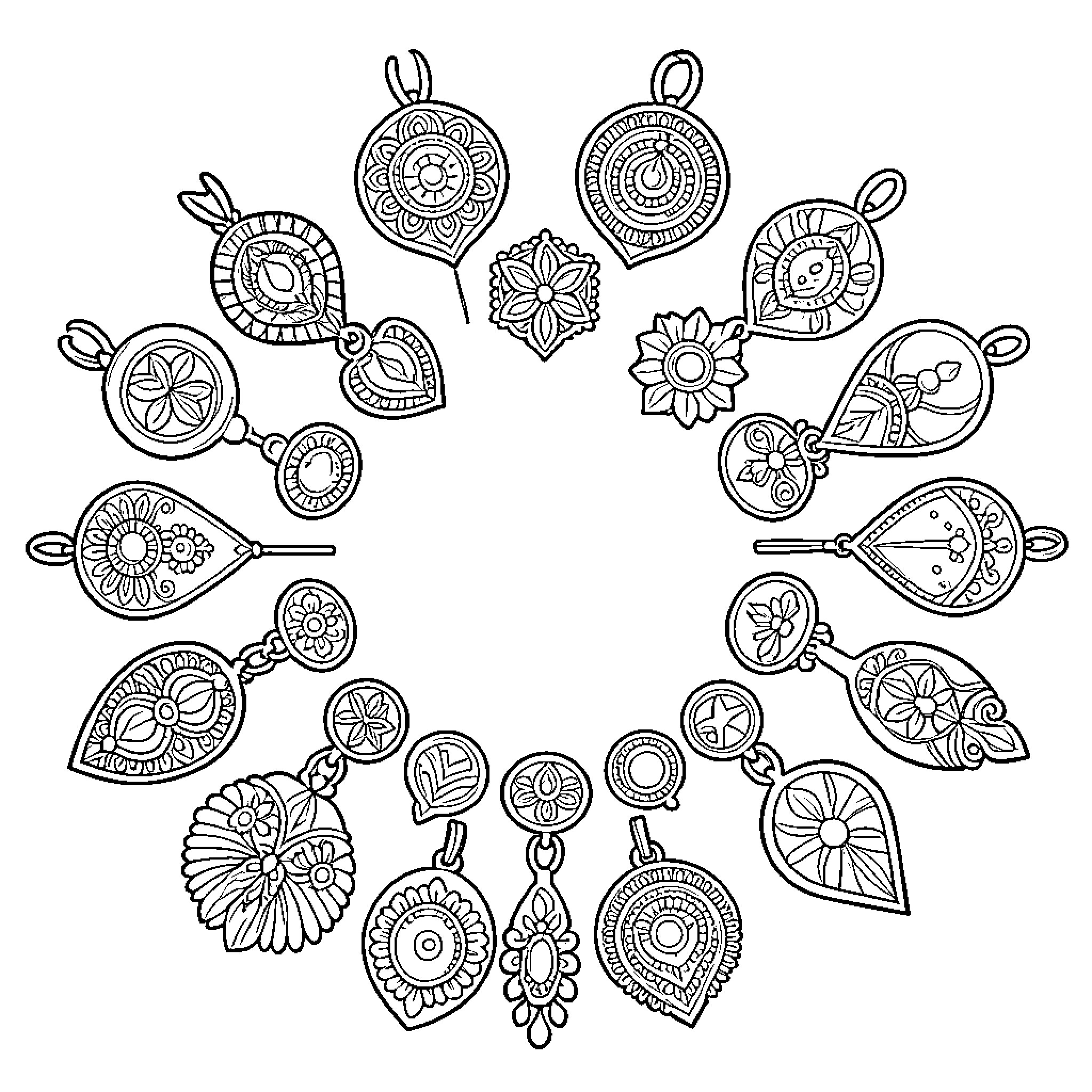 Rakhi ornaments arranged in a decorative circular pattern Coloring Page (free black-and-white line drawing printable PDF for all, from beginners to advanced learners, including children, teens, adults, and seniors)