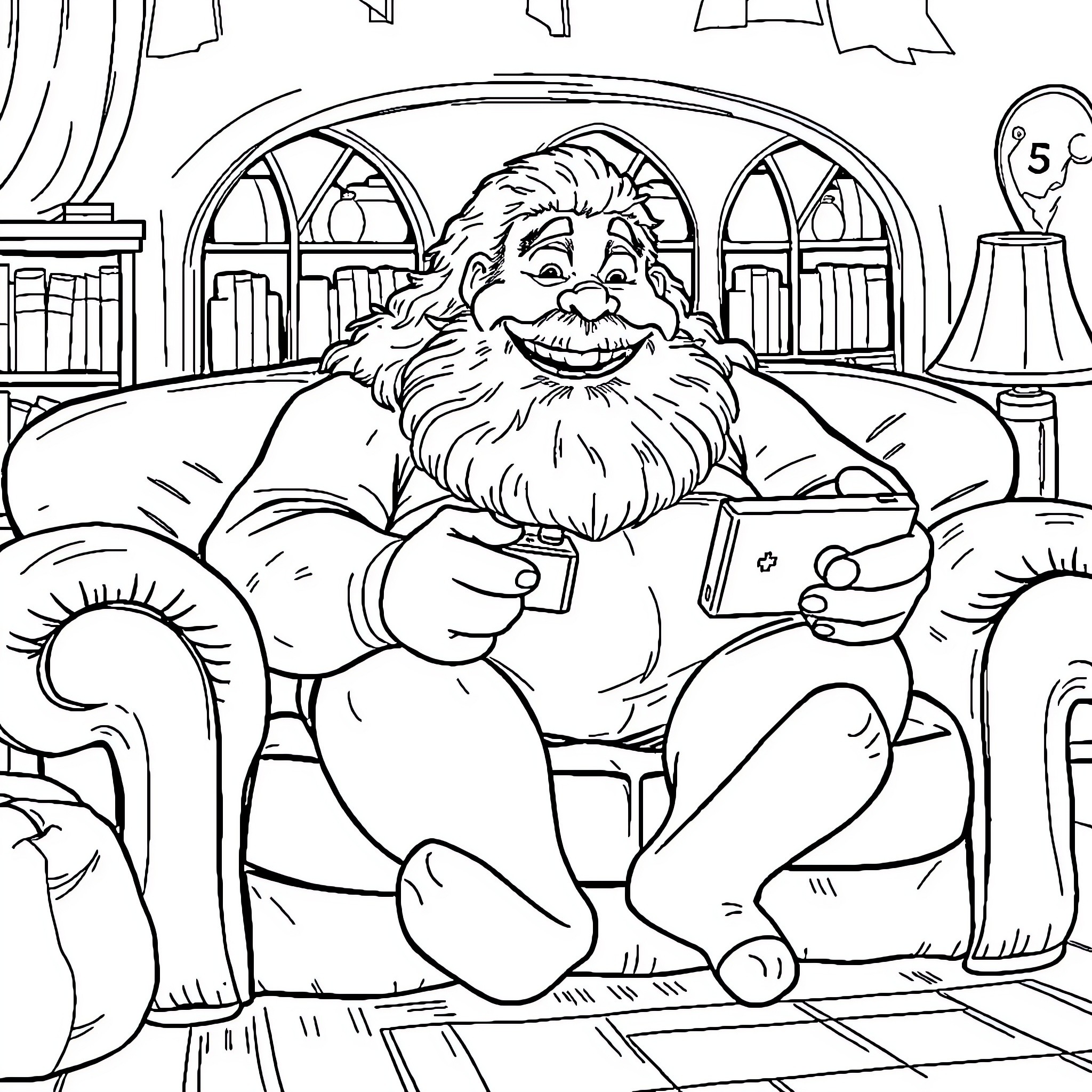 Hagrid enjoying a cozy evening in his room Coloring Page (free black-and-white line drawing printable PDF for all, from beginners to advanced learners, including children, teens, adults, and seniors)