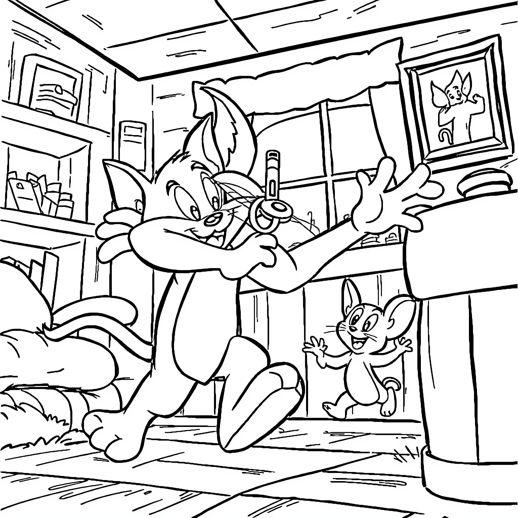 Tom and Jerry's Chaotic Encounter in the Room Coloring Page (free black-and-white line drawing printable PDF for all, from beginners to advanced learners, including children, teens, adults, and seniors)