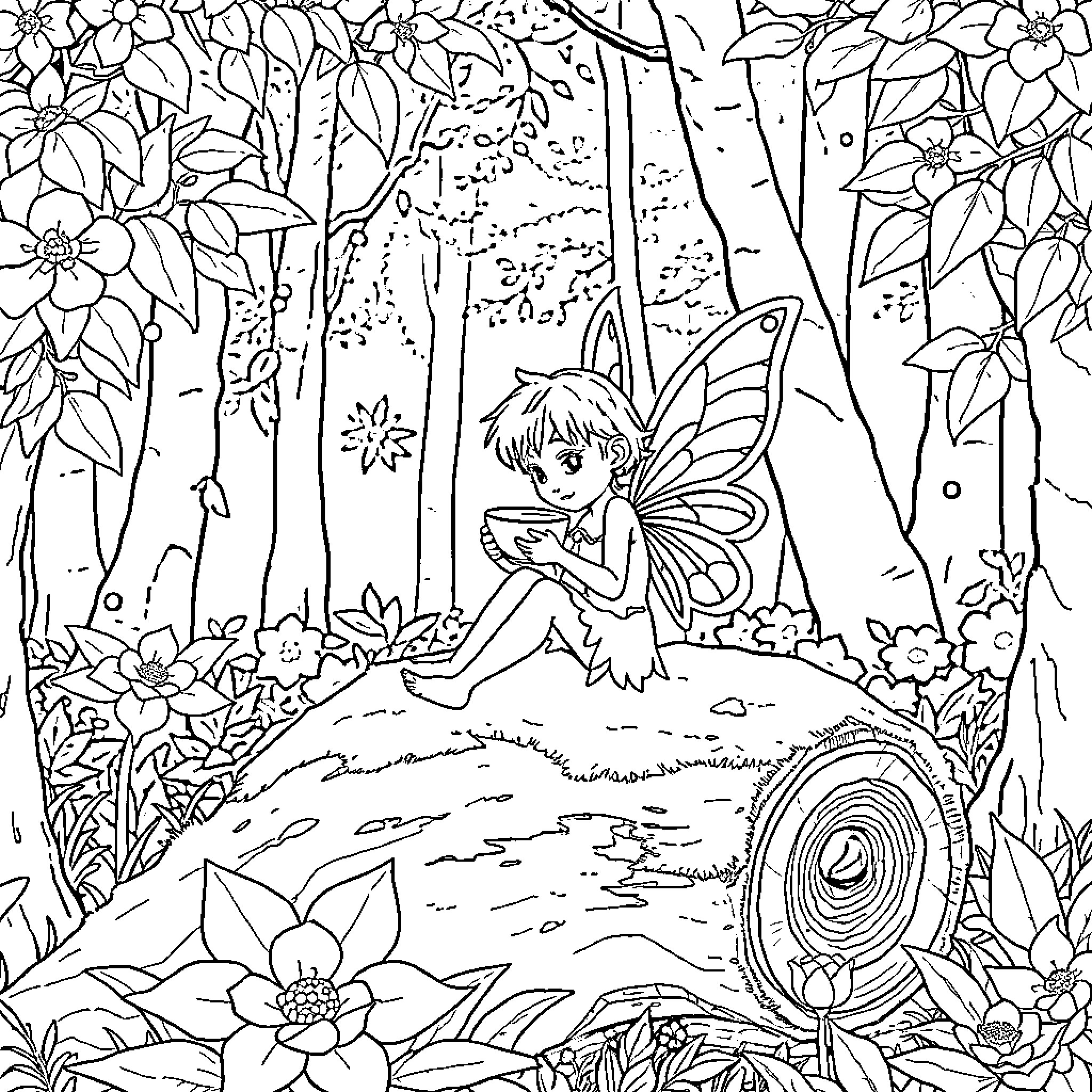 Fairy resting peacefully in the enchanted forest Coloring Page (free black-and-white line drawing printable PDF for all, from beginners to advanced learners, including children, teens, adults, and seniors)