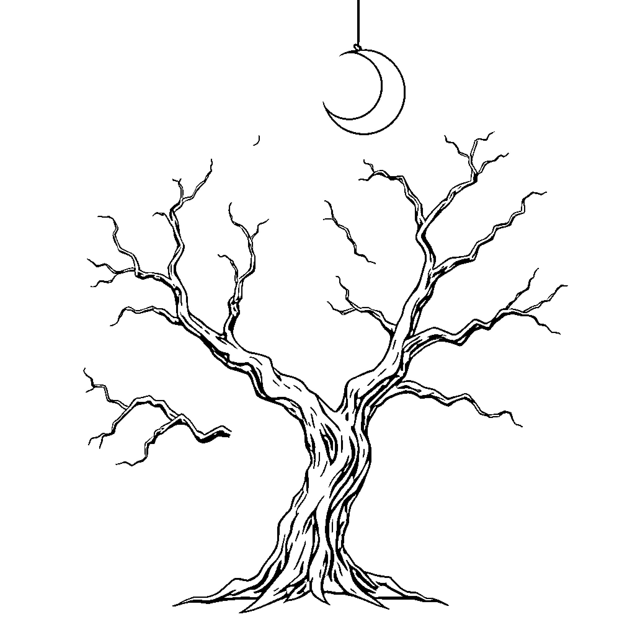 Tree with Crescent Moon and Bare Branches Coloring Page (free black-and-white line drawing printable PDF for all, from beginners to advanced learners, including children, teens, adults, and seniors)