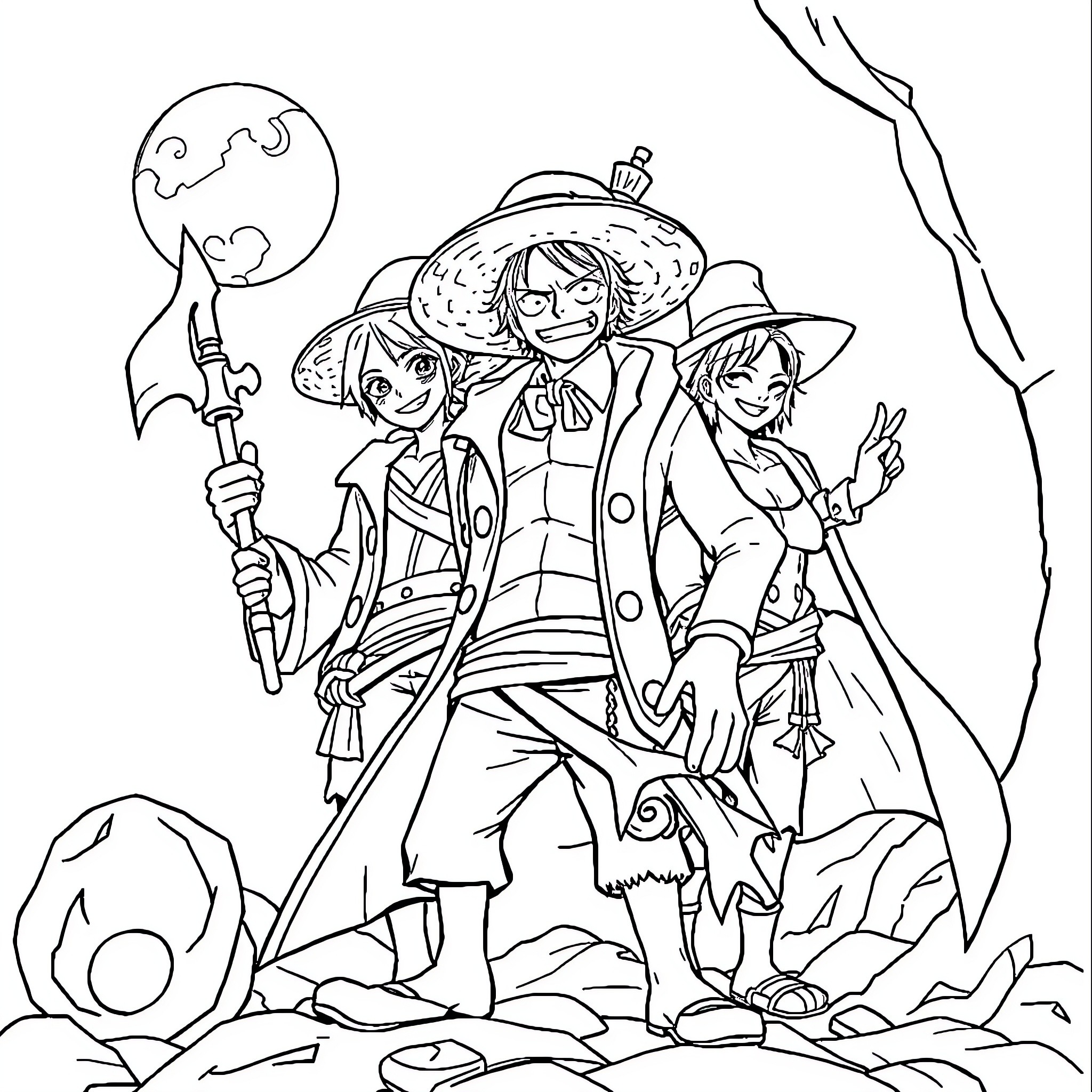 One Piece Adventurers Exploring the Wilderness Coloring Page (free black-and-white line drawing printable PDF for all, from beginners to advanced learners, including children, teens, adults, and seniors)