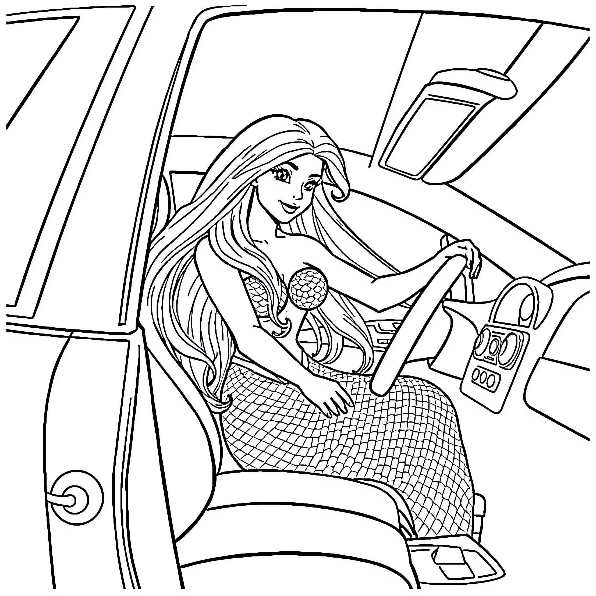 Mermaid driving a car with car radio Coloring Page (free black-and-white line drawing printable PDF for all, from beginners to advanced learners, including children, teens, adults, and seniors)
