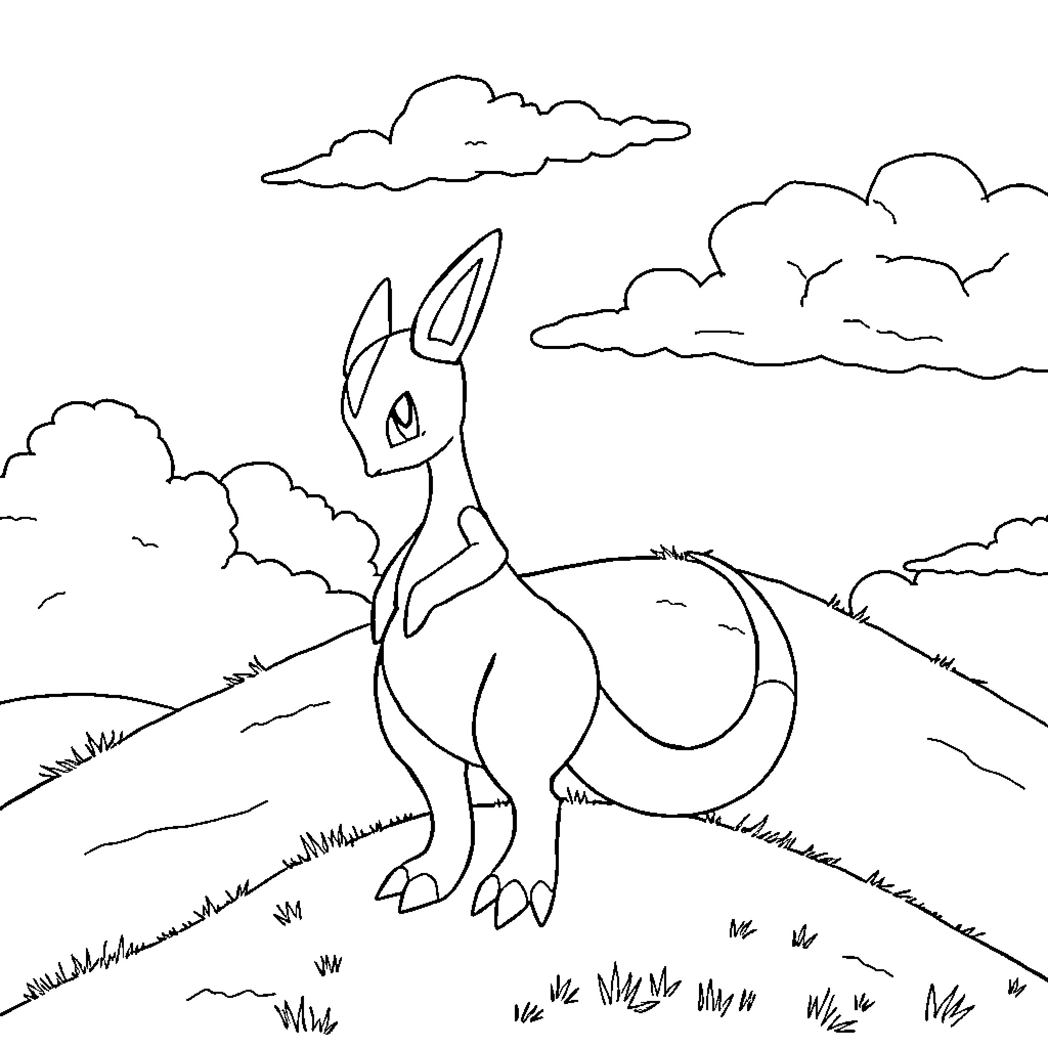 Mewtwo exploring the open meadow Coloring Page (free black-and-white line drawing printable PDF for all, from beginners to advanced learners, including children, teens, adults, and seniors)