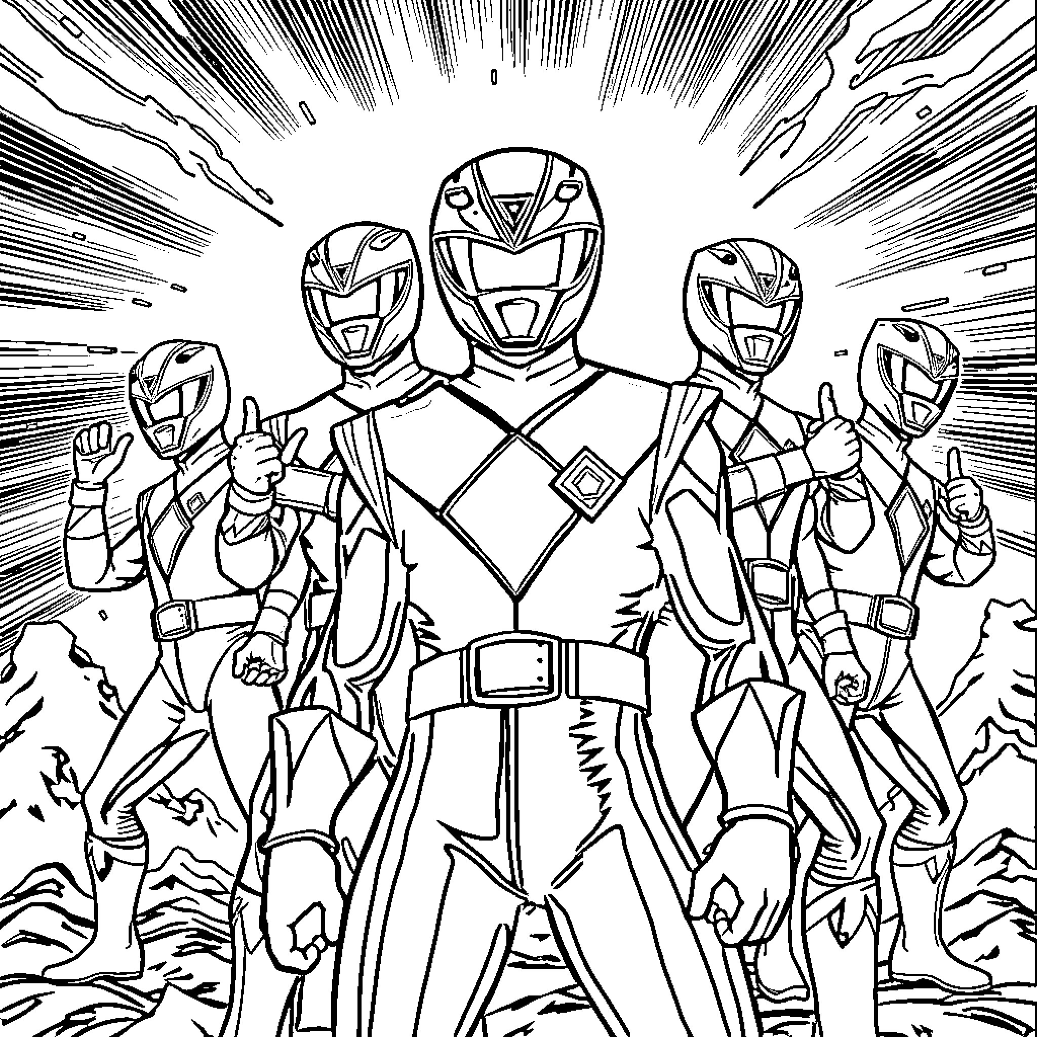 Power Rangers in Action Pose Coloring Page (free black-and-white line drawing printable PDF for all, from beginners to advanced learners, including children, teens, adults, and seniors)
