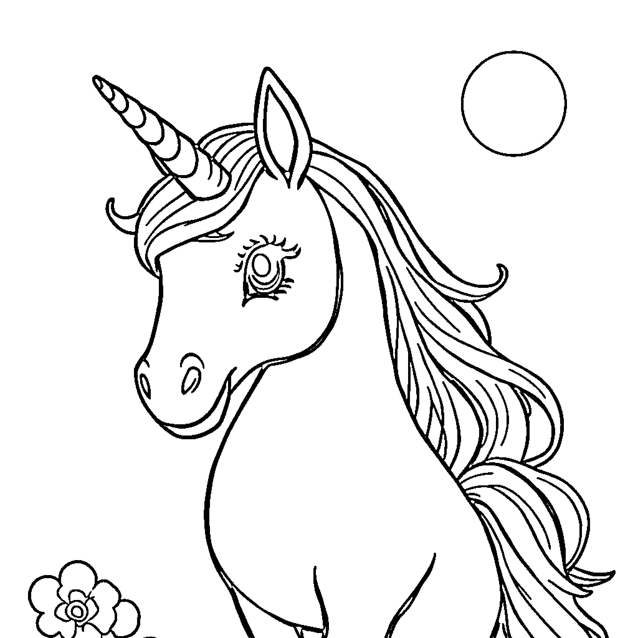 Unicorn gazing at the moon with a flower Coloring Page (free black-and-white line drawing printable PDF for all, from beginners to advanced learners, including children, teens, adults, and seniors)