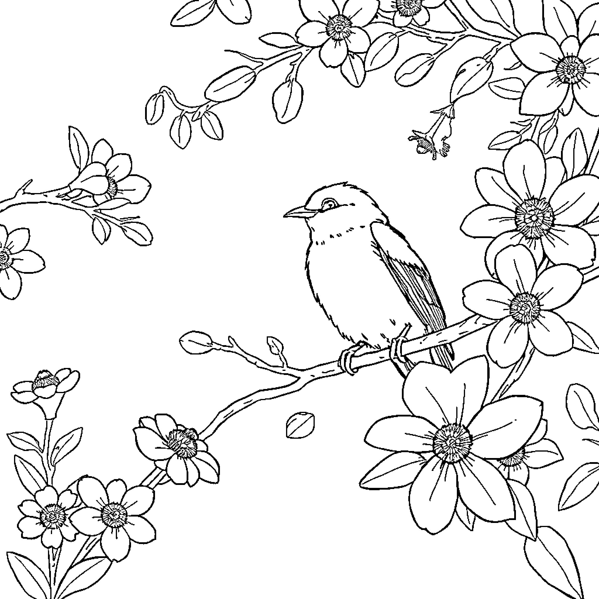 Owl perched on floral branch with blooming flowers Coloring Page (free black-and-white line drawing printable PDF for all, from beginners to advanced learners, including children, teens, adults, and seniors)