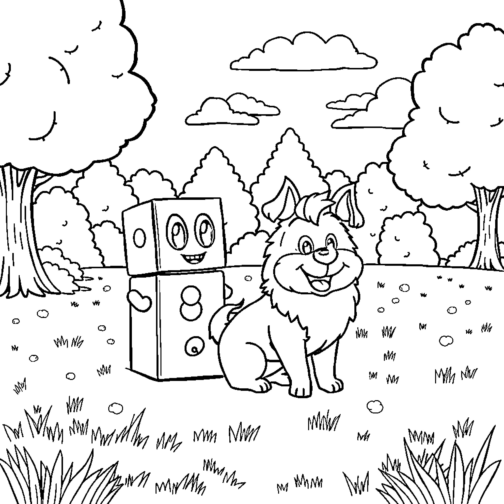 Numberblock character playing with forest animal Coloring Page (free black-and-white line drawing printable PDF for all, from beginners to advanced learners, including children, teens, adults, and seniors)